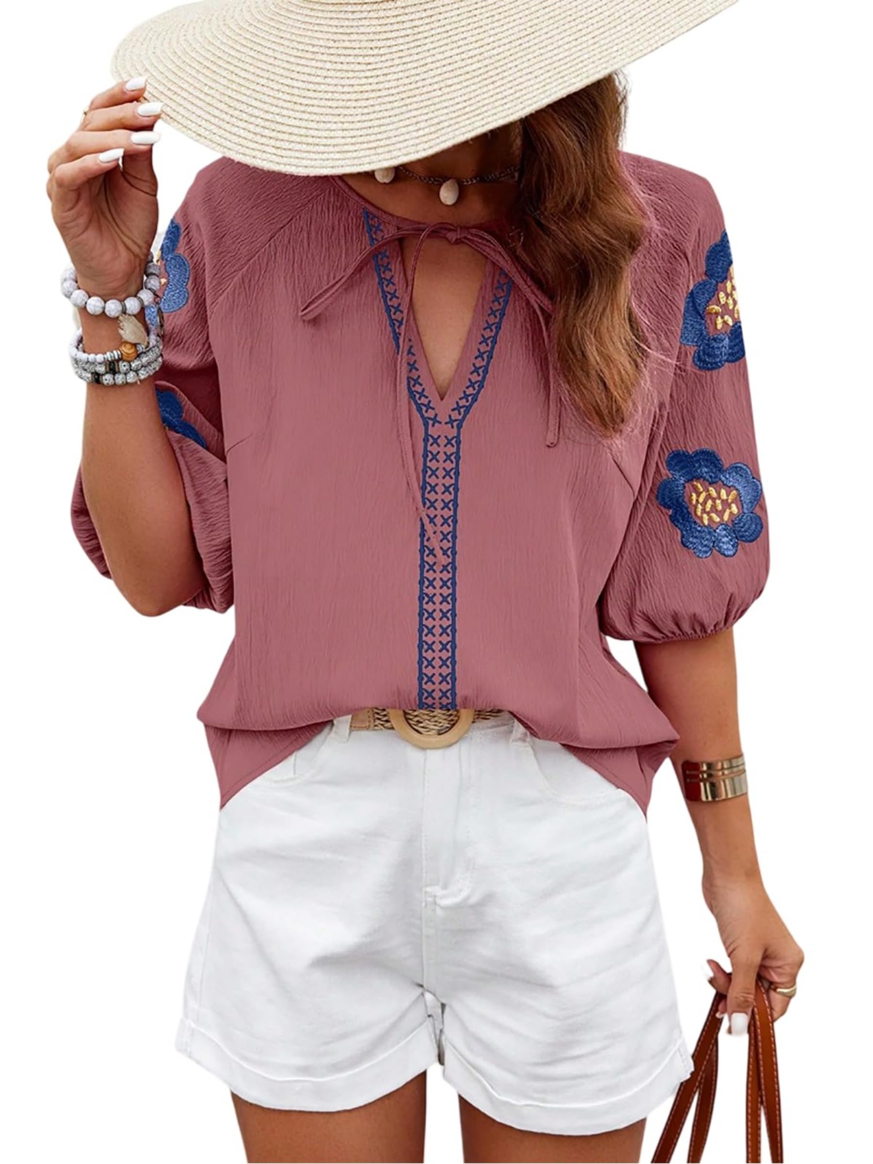 CXMSYY Bluse Damen Sommer Blumen Stickerei Boho T-Shirt Kurzarm Oberteile V-Ausschnitt Vorn Gebunden Lässige Lockere Tunika Tops Elegant Damenblusen
