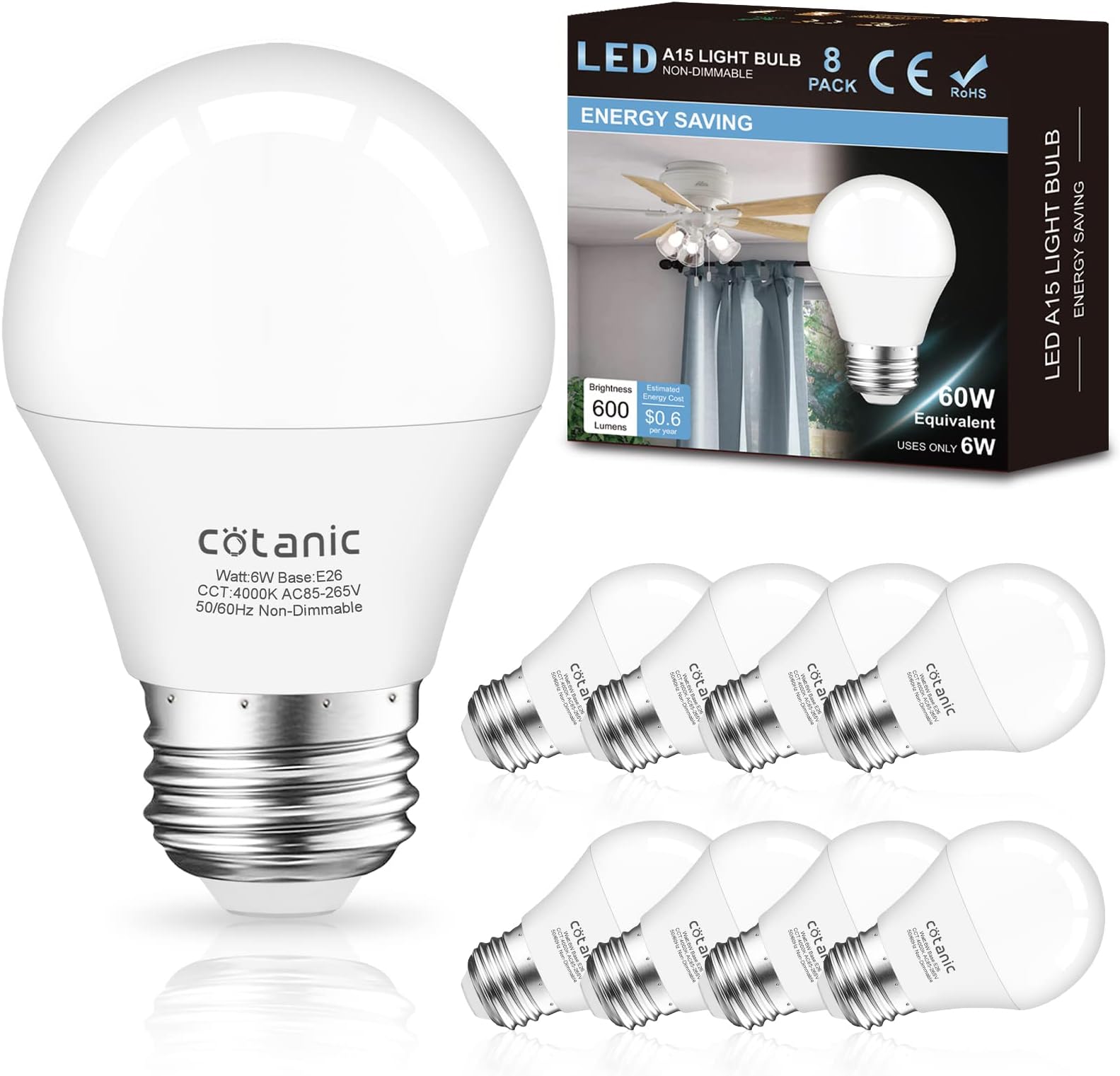 8 Pack A15 LED Ceiling Fan Light Bulbs 4000K Natural Daylight, Cotanic