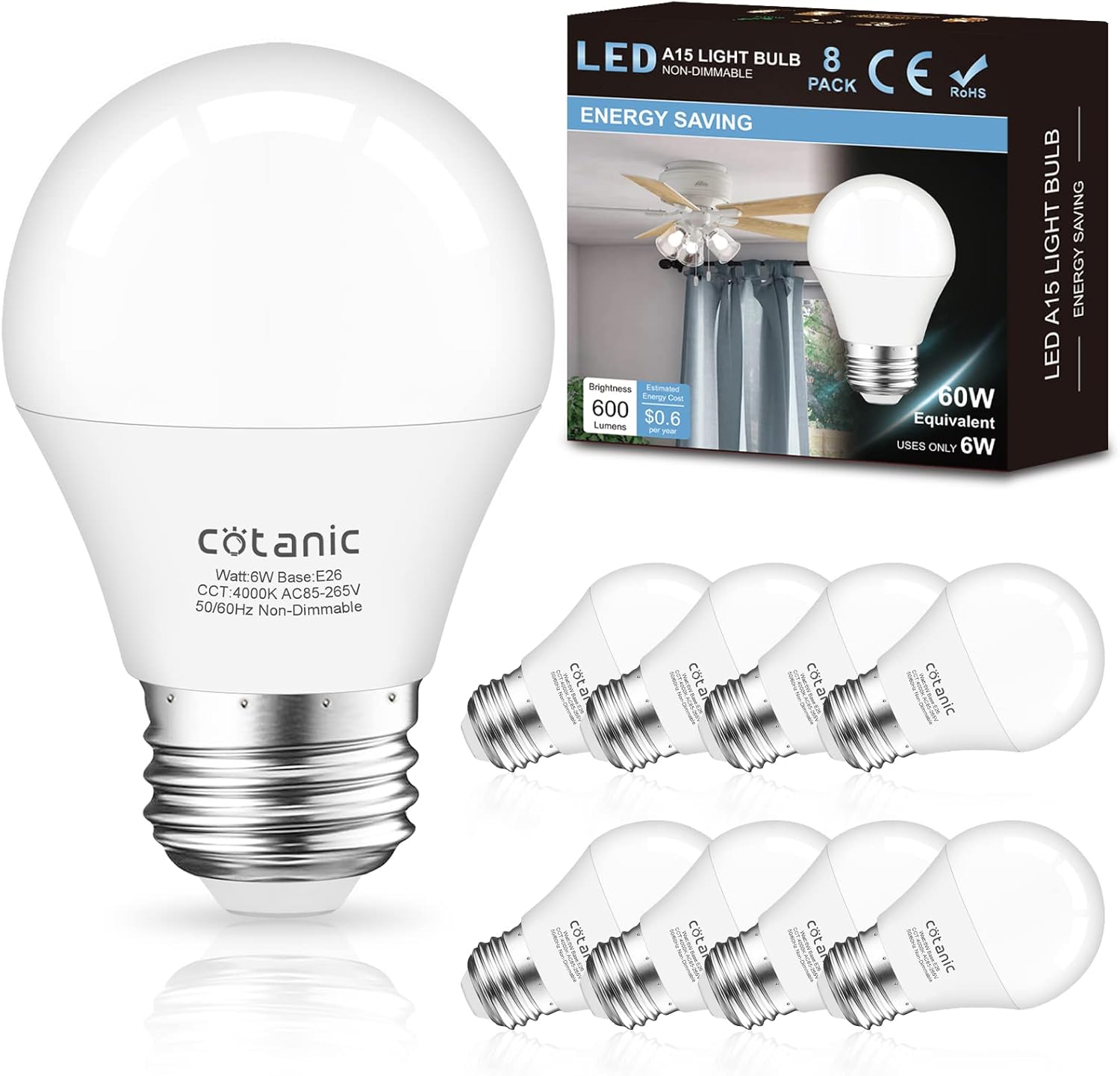 8 Pack A15 LED Ceiling Fan Light Bulbs 4000K Natural Daylight, Cotanic