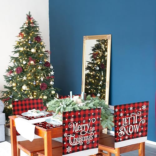 Miniatura 5 de CCINEE 2 fundas para respaldo de silla de Navidad, fundas de silla de búfalo rojo y negro con copo de nieve para silla de Navidad, cubierta trasera