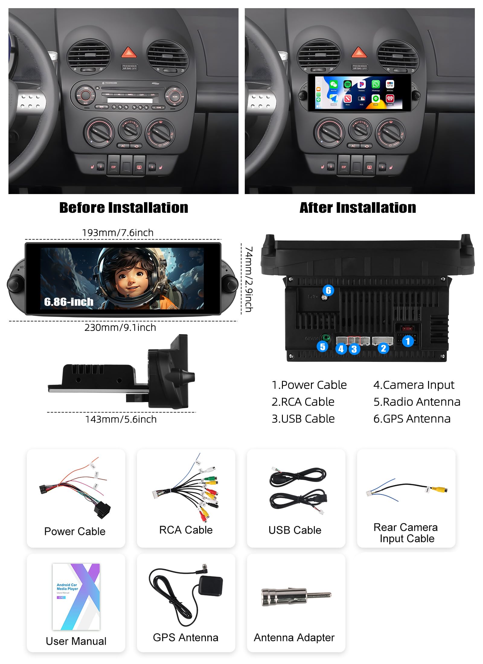 CAMECHO 2G+64G 6.86 Pollici Android 15 Carplay Autoradio per VW New Beetle 2002-2010 con Nav Wireless Carplay Android Auto, 2 Din Stereo con Schermo WiFi Bluetooth RDS Mirror Link e 2USB +SWC