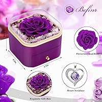 Vista 2 de Beferr Regalos de cumpleaños para mujeres, rosa real preservada con collar, rosas moradas eternas, flores para el parto, aniversario para mamá