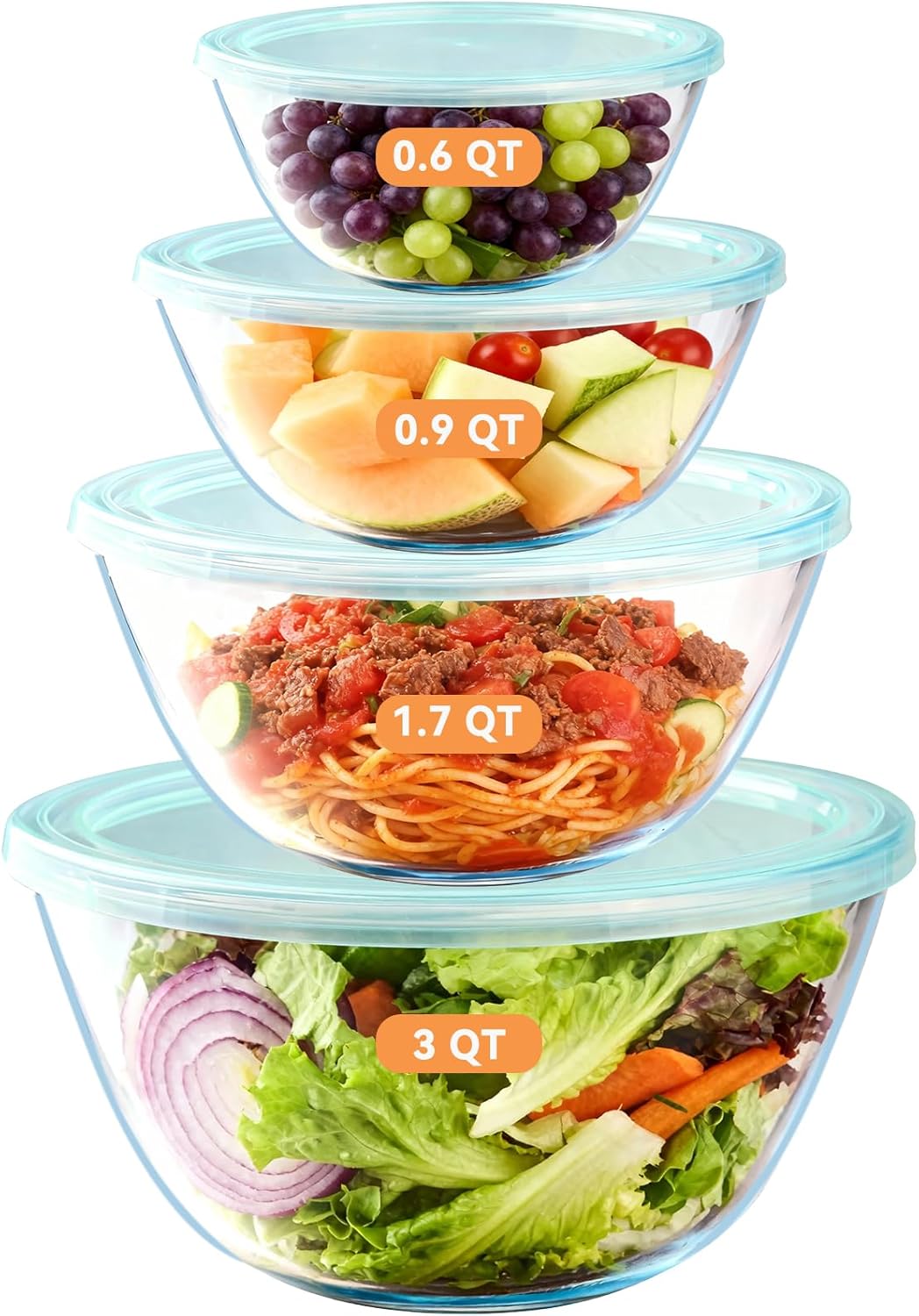 YUANYE 4 Pack Glass Mixing Bowls with Lids Set (3/1.7/0.9/0.6QT),Thick Glass Large Salad Bowl Set, Nesting Kitchen Bowls for Serving, Prepping, Cooking and Baking, Dishwasher, Oven,Microwave Safe