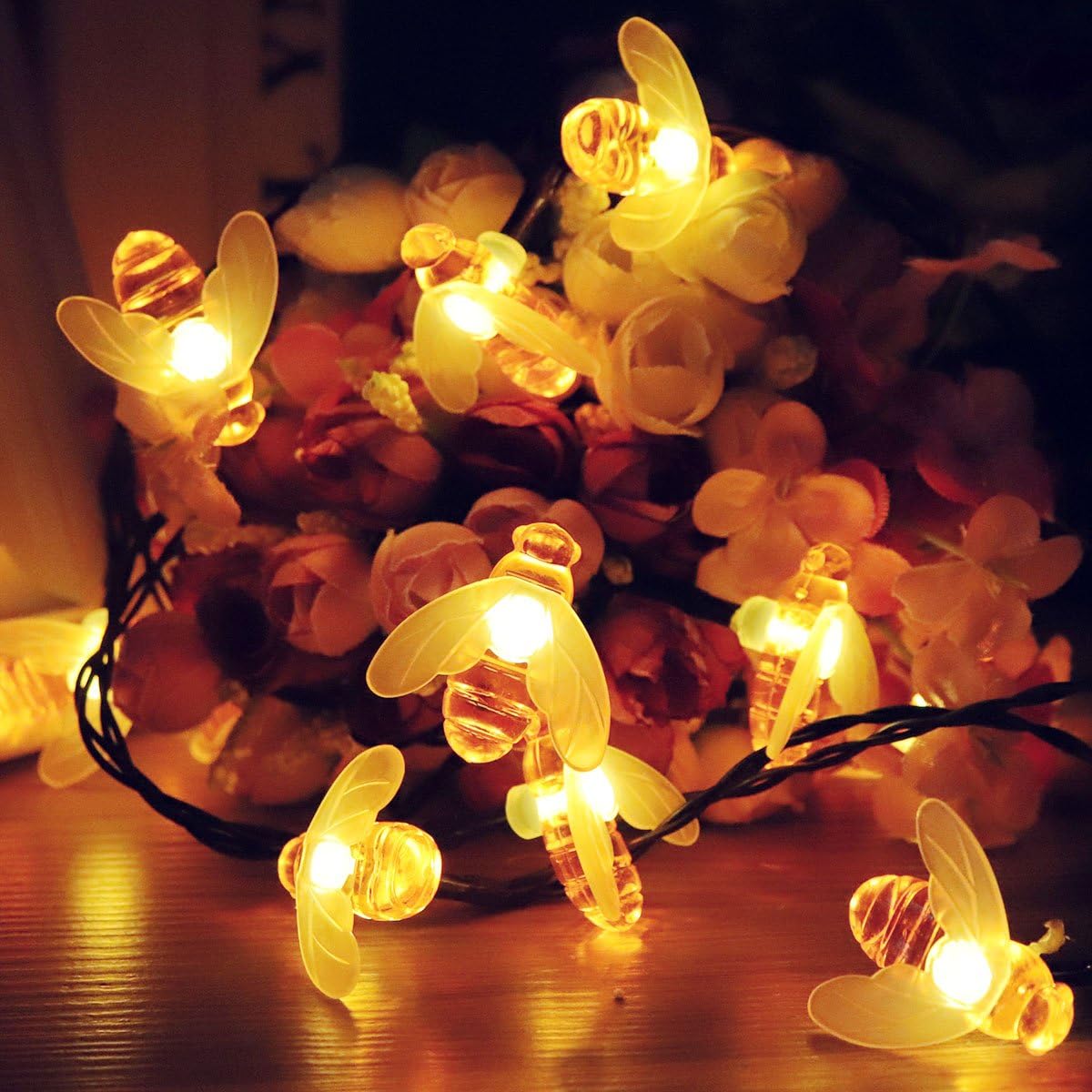 [2 Pack] Solar Powered String Lights, 30 Cute Honeybee LED Lights, 15FT 8 Modes Starry Lights, Waterproof IP65 Fairy Decorative Lights for Outdoor Gardens Homes Wedding Patio Party (Warm White)