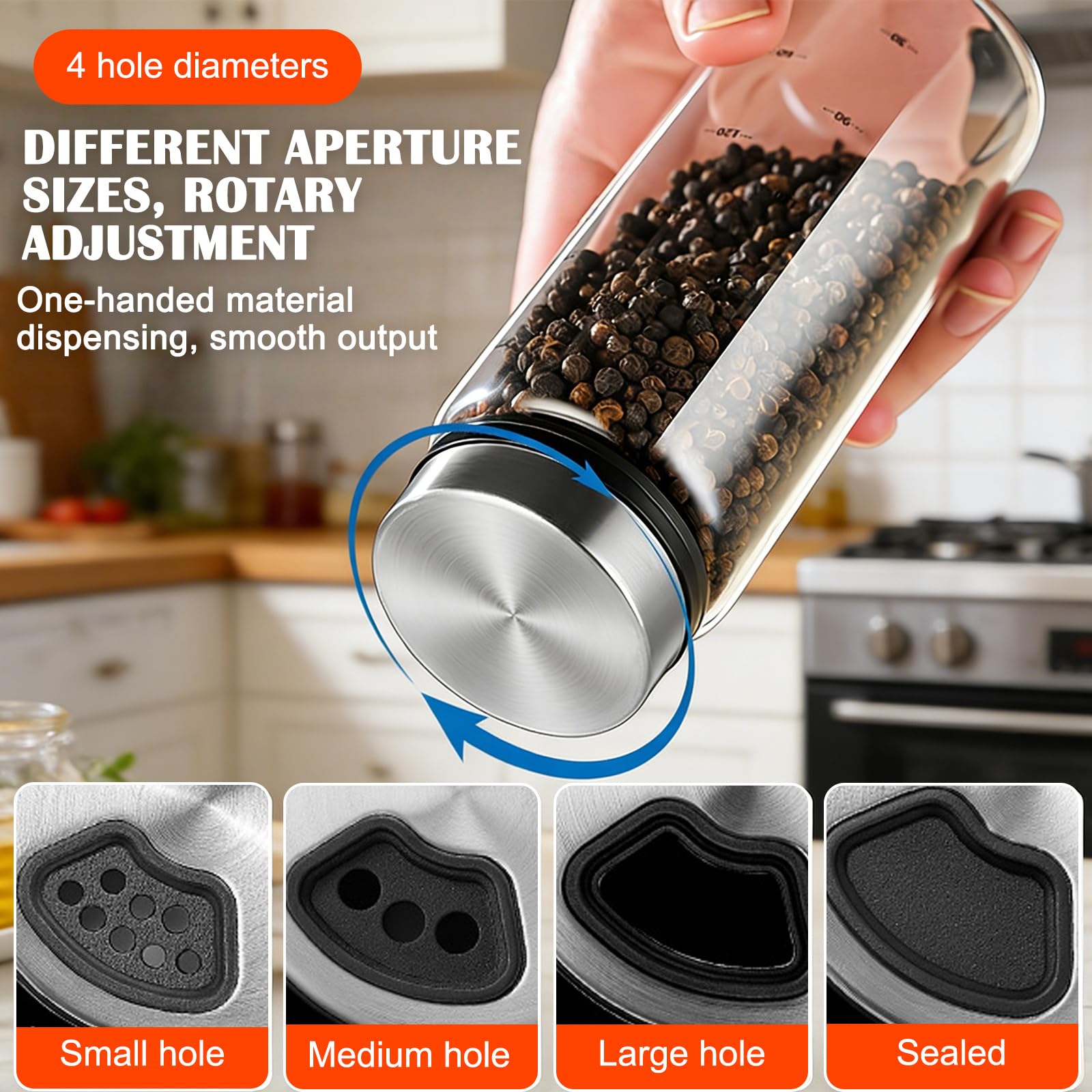 Lot de 4 pots à épices avec couvercle rotatif : 200 ml avec 4 types de trous d'épices, en verre borosilicate résistant à l'humidité avec couvercle en acier inoxydable 304 pour cuisine