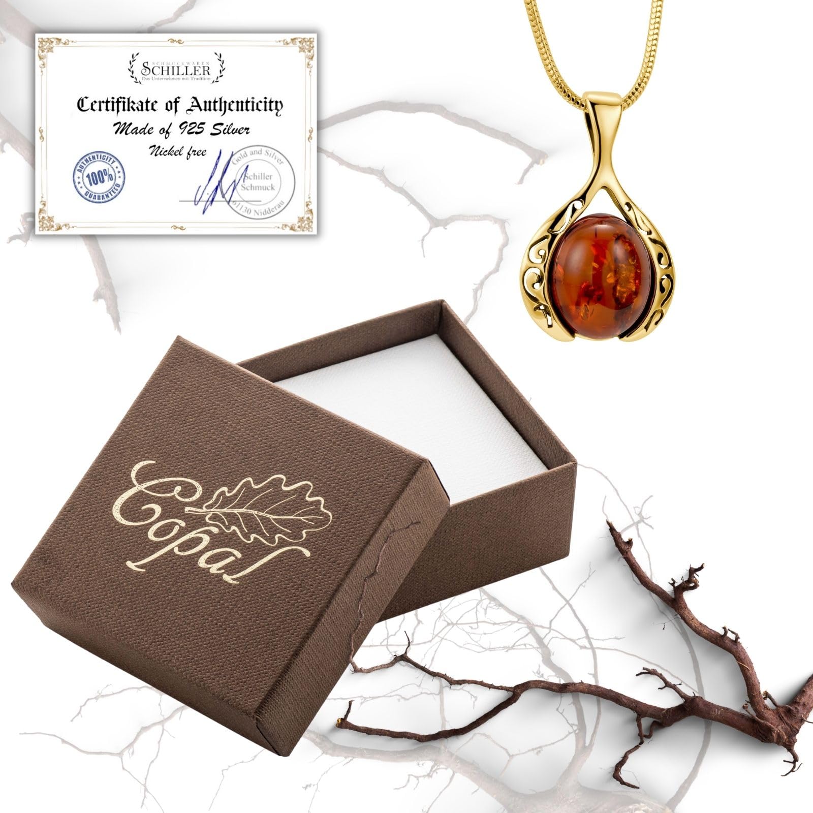 Collana Da Donna Con Pendente Ambra Color Miele E Argento Placcato Oro