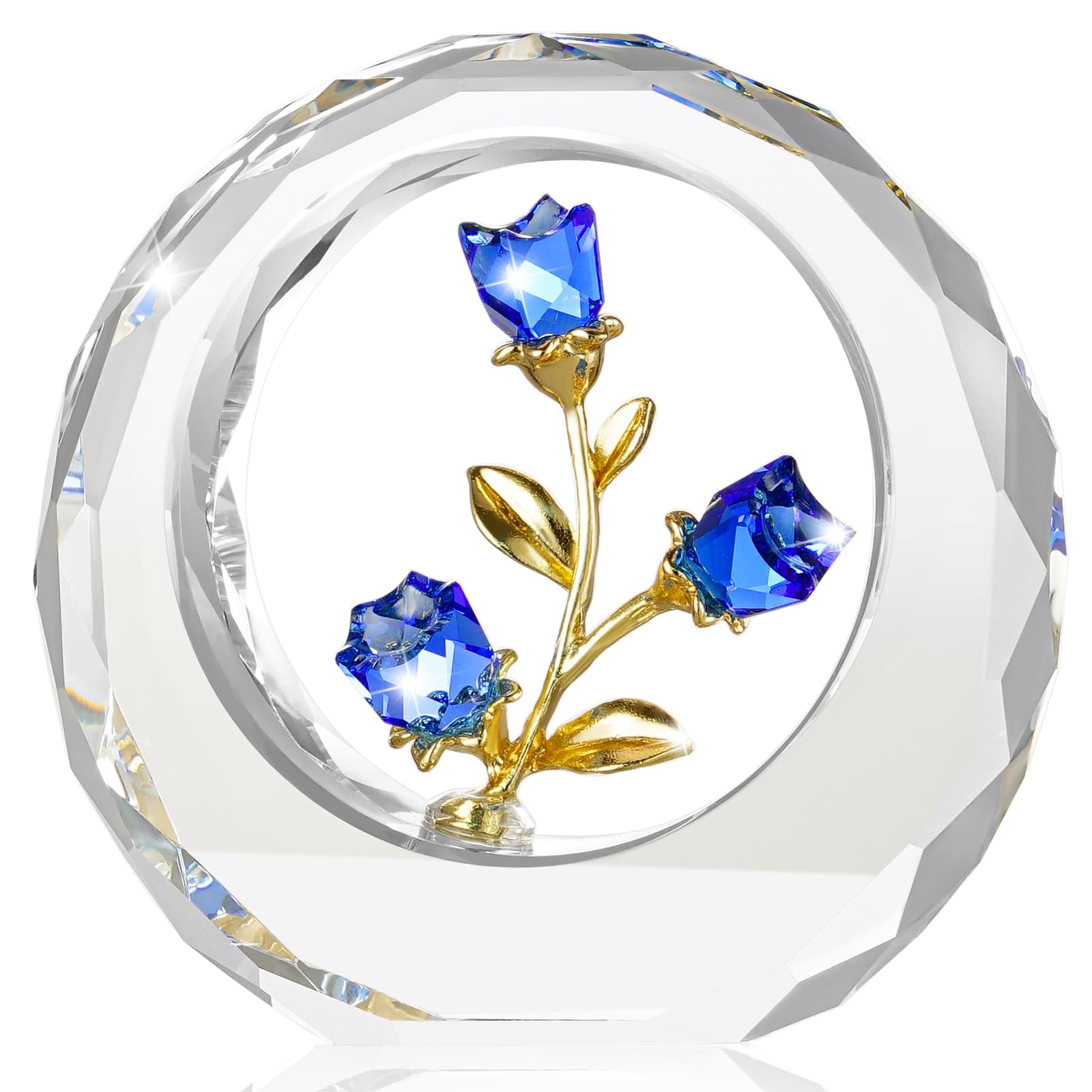 RONG KRISTO Crystal Rose Figurines Glass Flower With Stems Spring Bouquet Collectible Gifts for Wedding Birthday Party（Blue）
