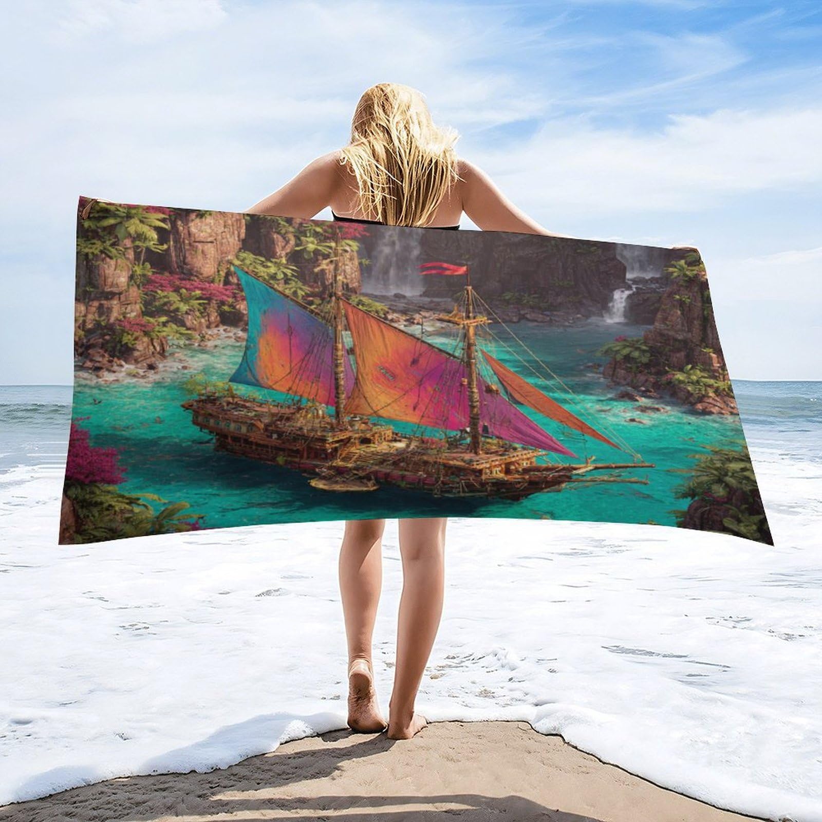 Luyysky Colorful Classic Pirate Ship Quick-Drying Beach Towel, Retro Oil Painting Nautical Tropical Cliff Sea Boat Plant Floral Travel Vacation Single Sided Pile Bathroom Towels-80 W Cm X 160" L Cm