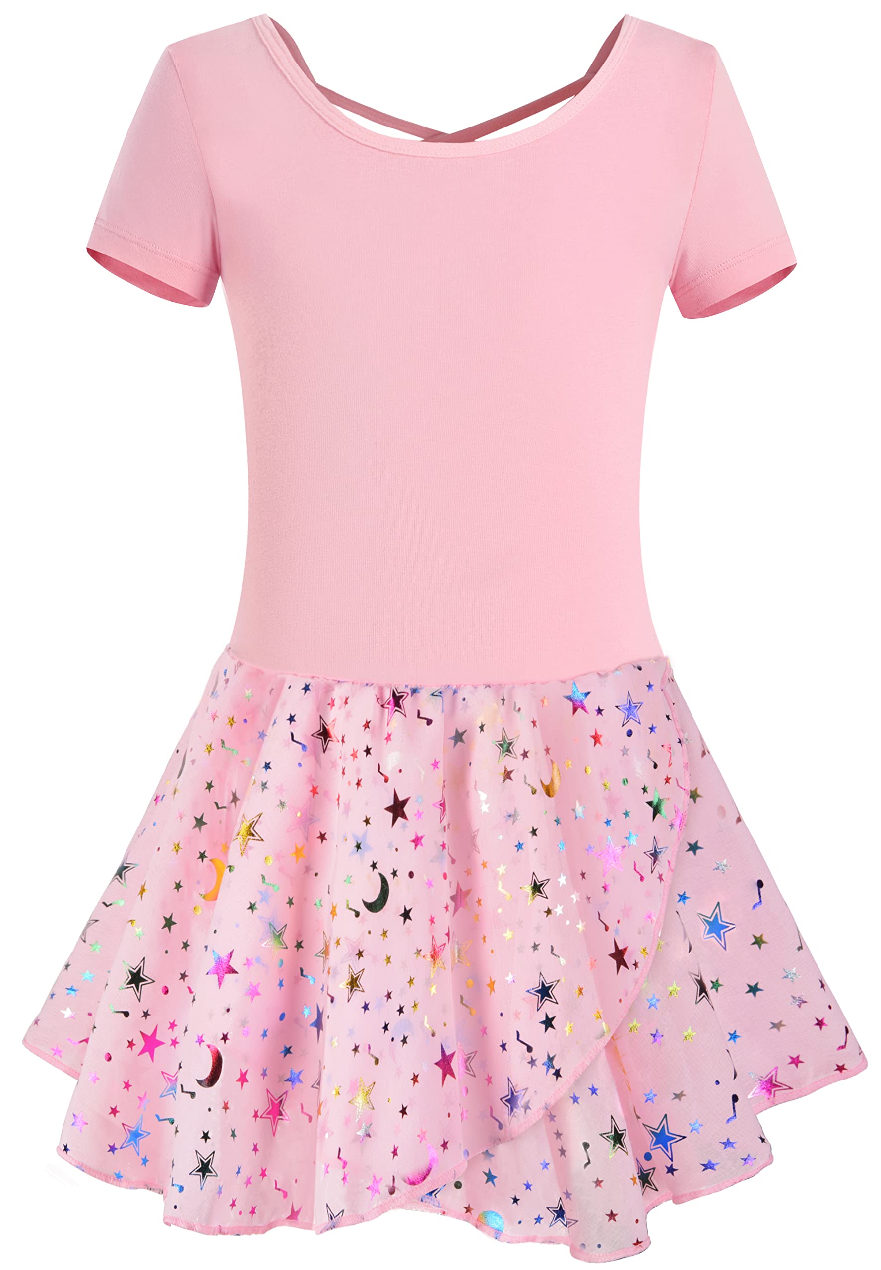 DANSHOW Kinder Ballettkleidung Mädchen Tanzkleider Mädchen Kurzarm Balletttrikot Ballettanzug Tanzkleid mit Chiffonrock | Hohle überkreuzte Rückenträger, doppellagiger, unregelmäßiger, glänzender Rock, leichter und hautfreundlicher Stoff