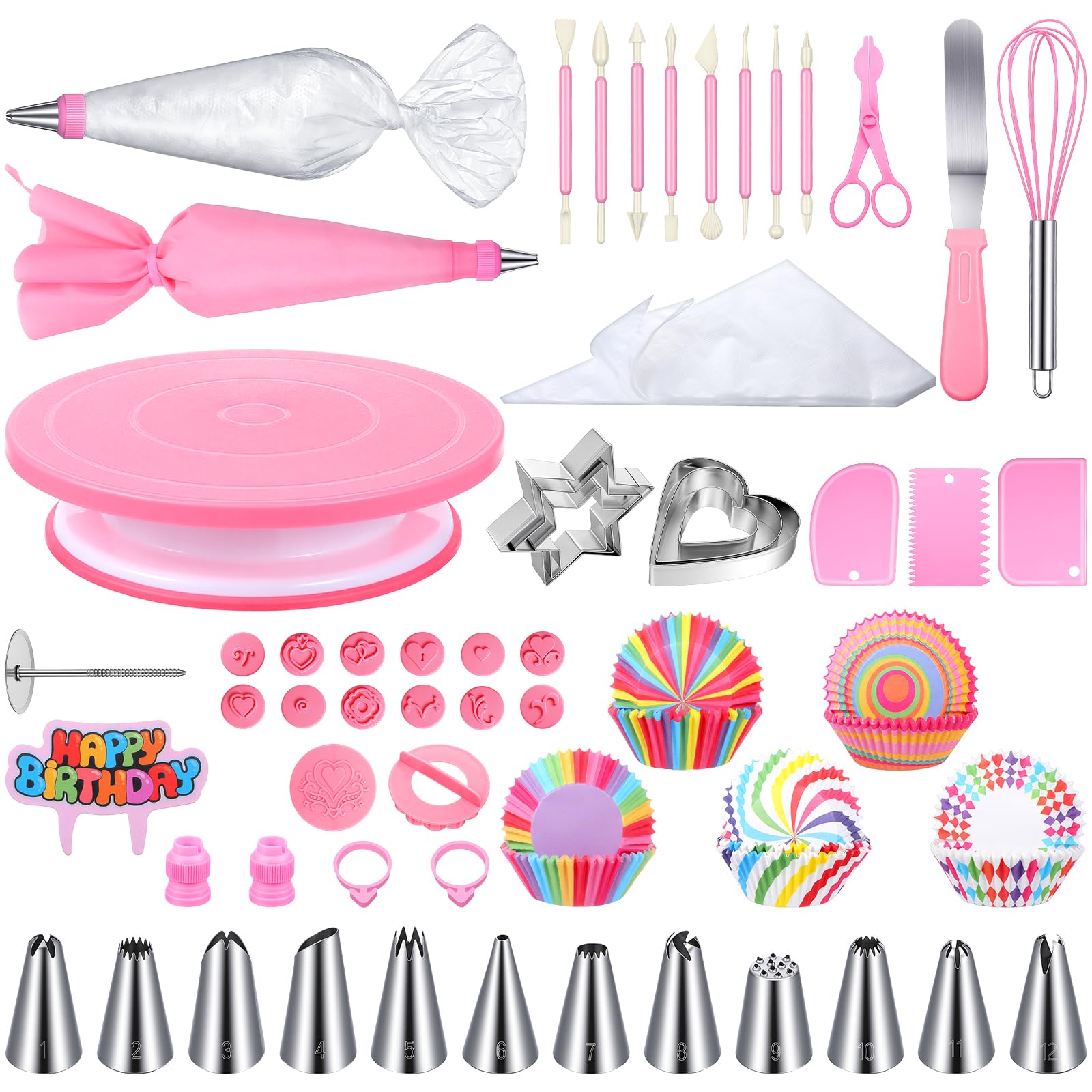 Cake Decorating Kit, 255 Pcs cake decorating supplies with Cake Turntable, Icing Piping Tips, Pastry Piping Bag, Spatulas, Cookie Molds. Cake Plates and Baking Supplies Decorating Tools