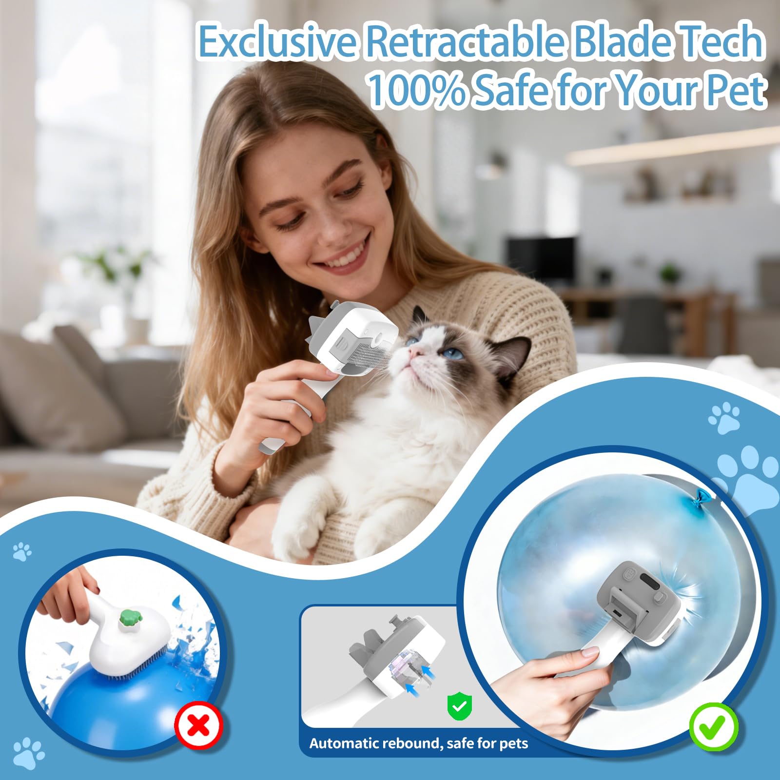 Cepillo de vapor para mascotas 5 en 1 para perros y gatos, autolimpieza, 3 cepillos para mascotas para alisar, desenredar, adelgazar, desprendimiento, aseo y depilación, incluye champú y