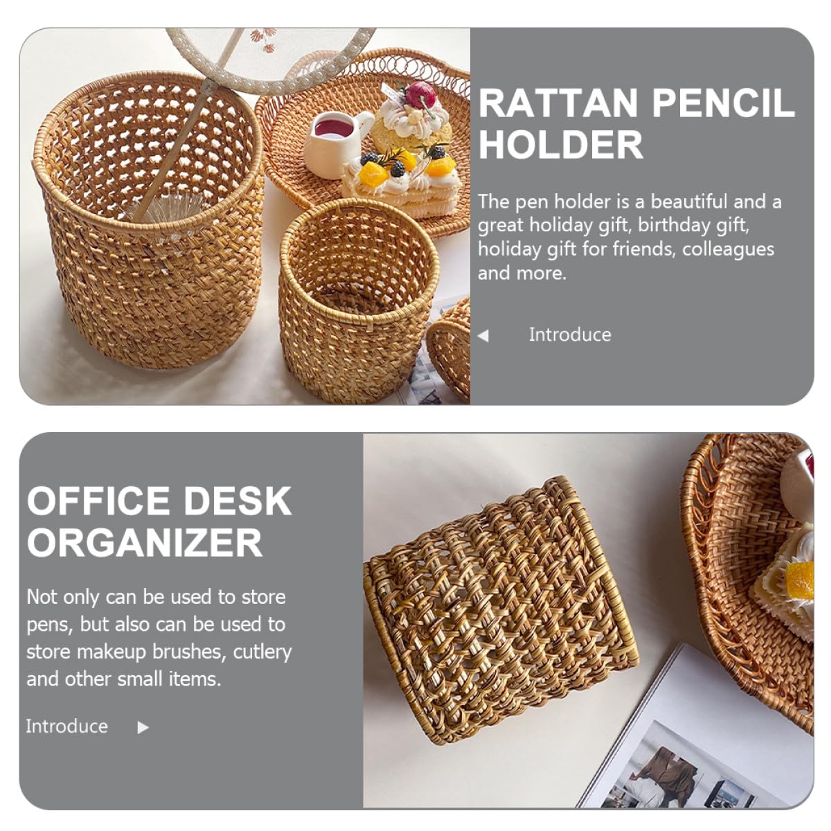 BESTonZON Porte-crayons en Rotin Tissé Élégant et Robuste, Organiseur Multifonction pour Bureau, pour Pinceaux de Maquillage et Fournitures de Bureau