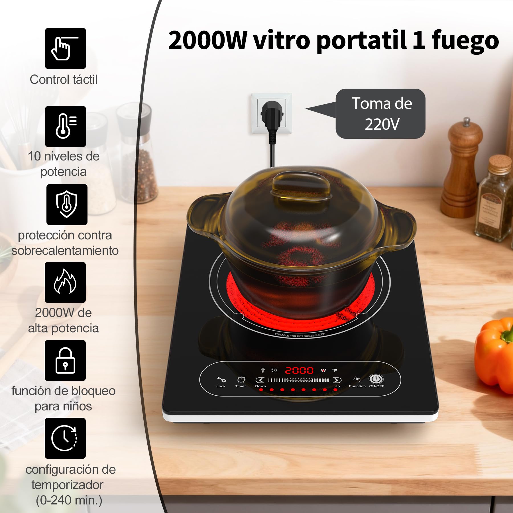 VBGK vitro portatil 1 fuego，220V 2000W placa vitroceramica con control táctil LED, 10 niveles de potencia, temporizador de 4 horas, bloqueo de seguridad y protección contra sobrecalentamiento.