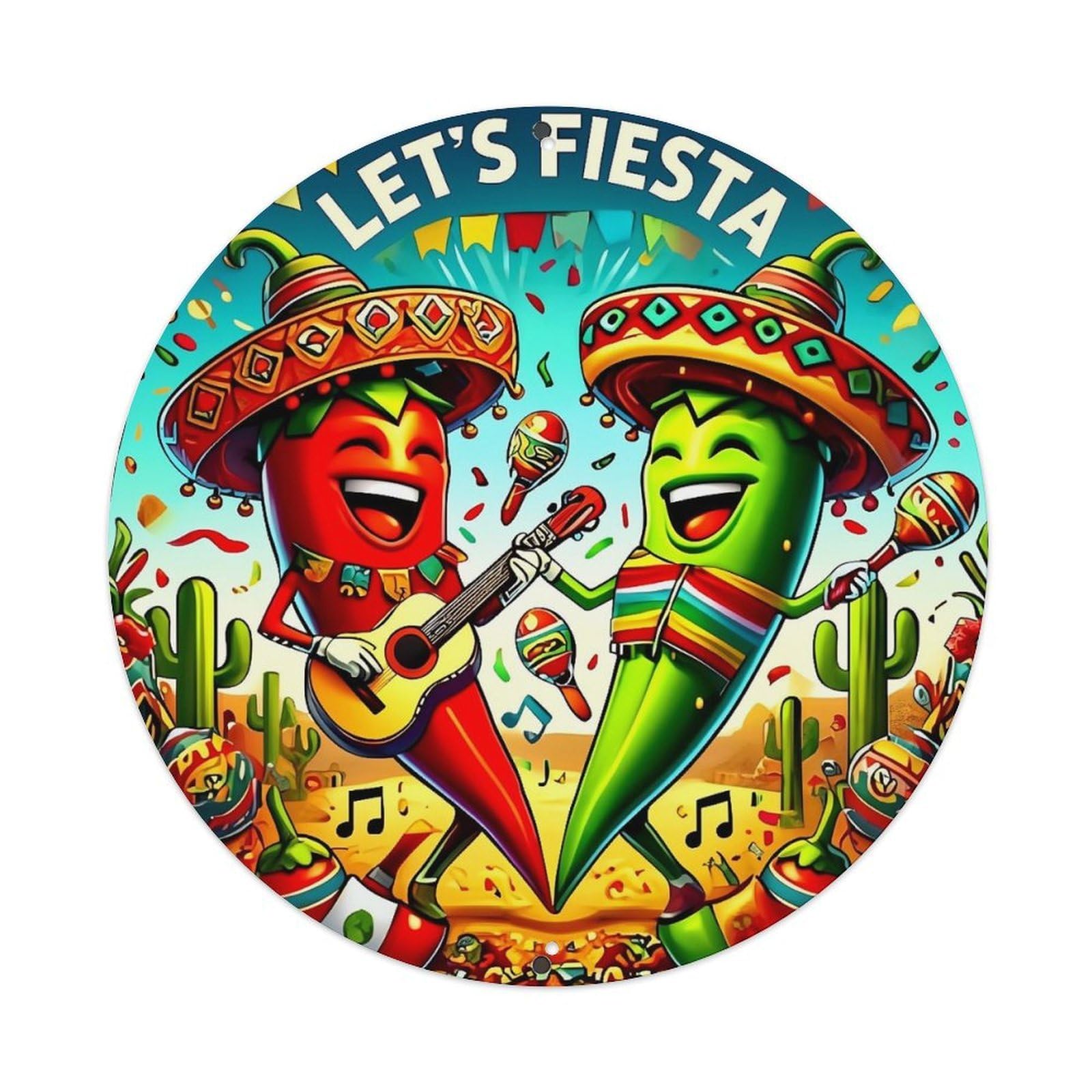 Fiesta Cactus Music Party Fun Retro Metal Sign Round Tin Sign, Vintage Decor Art Poster for Bar, Home, Man Cave, Kitchen, Laundry Room Gift 8x8Inch