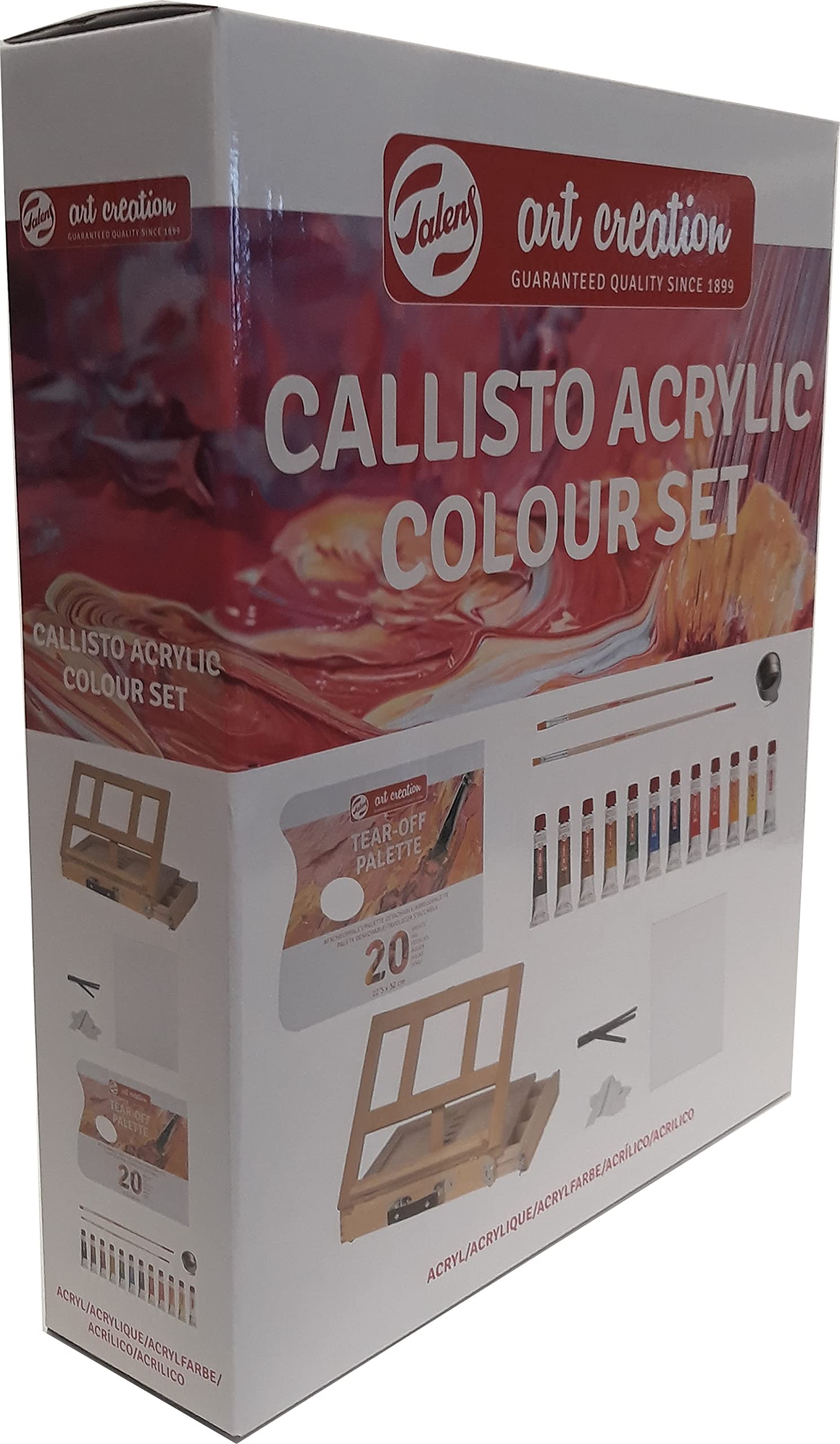 Talens Art Creation Set Acrílico 12 tubos 12 ml, caja-caballette, paleta desechable, pinceles, pocillo, carboncillos, trapo de tela, tablilla entelada