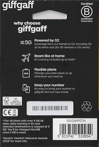 Miniatura 2 de GIFFGAFF 02 3G4G - Tarjeta SIM triple más crédito de 5 con adaptador - Llamadas, mensajes de texto y datos ilimitados - Para IPHONE 44S55C5S66S6+