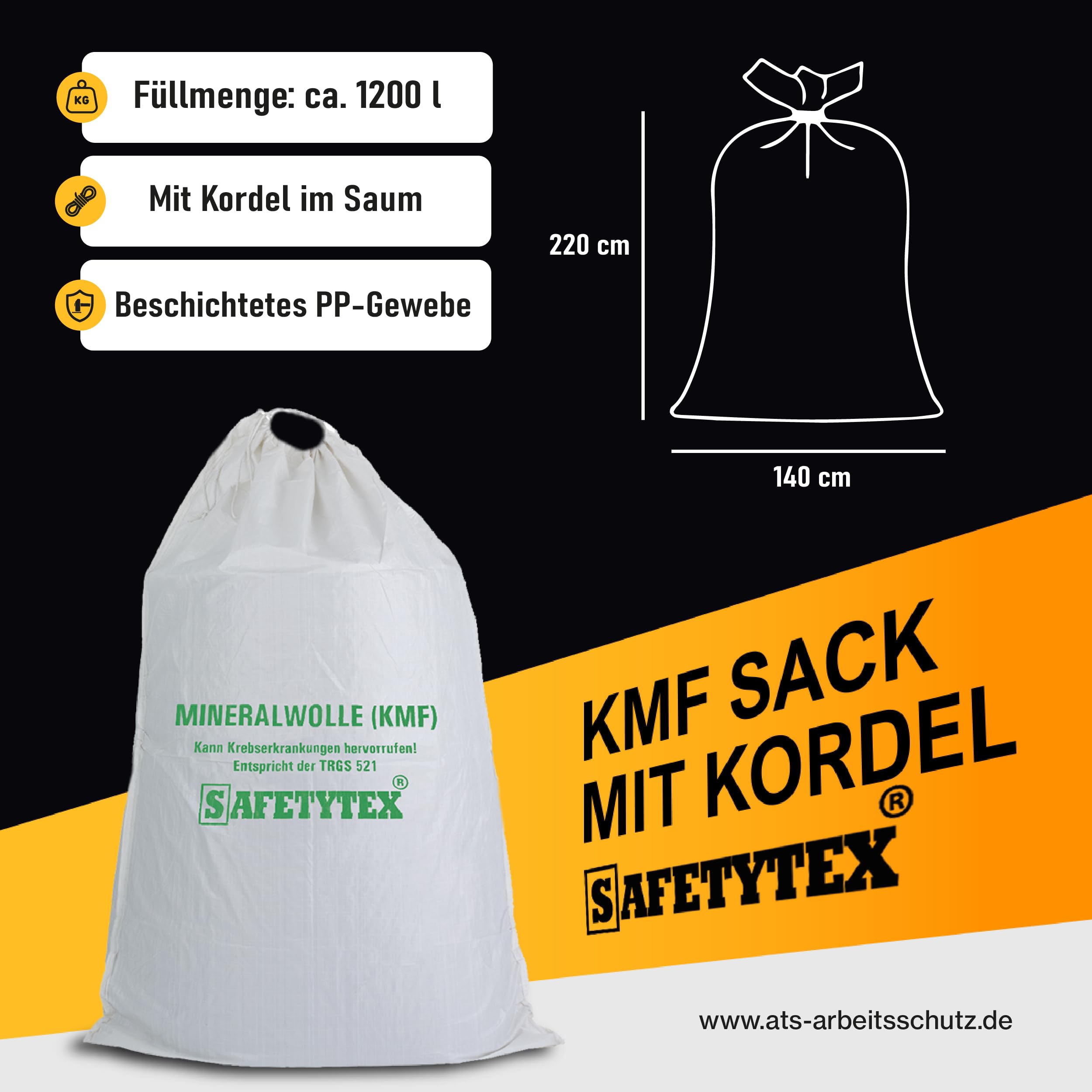 Safetytex KMF Sack 140 x 220 cm - Hochwertiger Big Bag für Mineralfaserabfälle - Transportsack mit Aufdruck und Kordel im Saum - für Mineralfaserabfälle, Glaswolle, Isolierwolle (1 Stück)