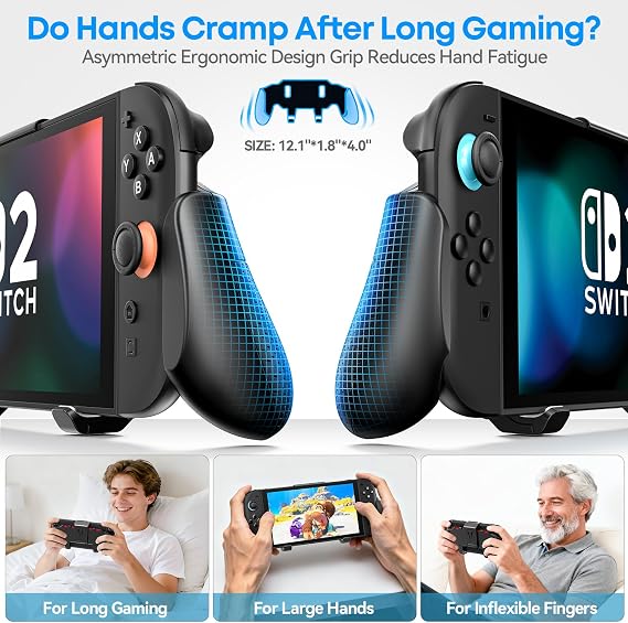 Grip Compatible with Nintendo Switch 2, Switch 2 Ergonomic Grip Case with Adjustable Stand, Comfort Game Accessories with 5 Game Card Slots and 4 Thumb Caps