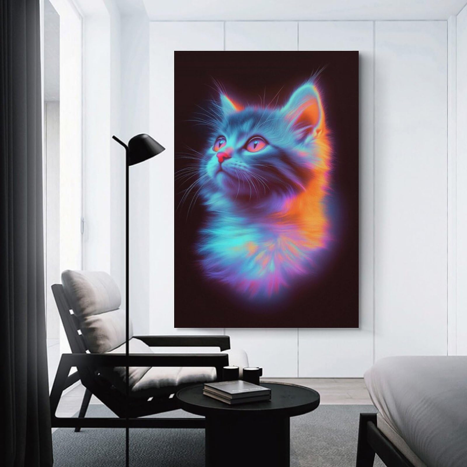 Junmoney Neon Kitten Portrait Wall Art Print, 20x30inch(50x75cm), for Workspace Walls, Study Corners Or Bedrooms, A Smart Decor Choice for Study Walls
