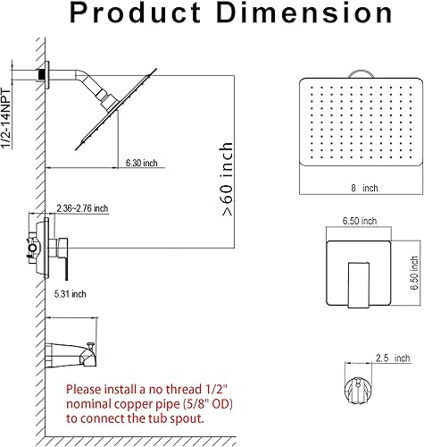 Miniatura 7 de Alesco Grifo de ducha para bañera, juego de grifo de ducha negro con cabezal de ducha de 8 pulgadas y boquilla de bañera, cabezal de ducha y mango