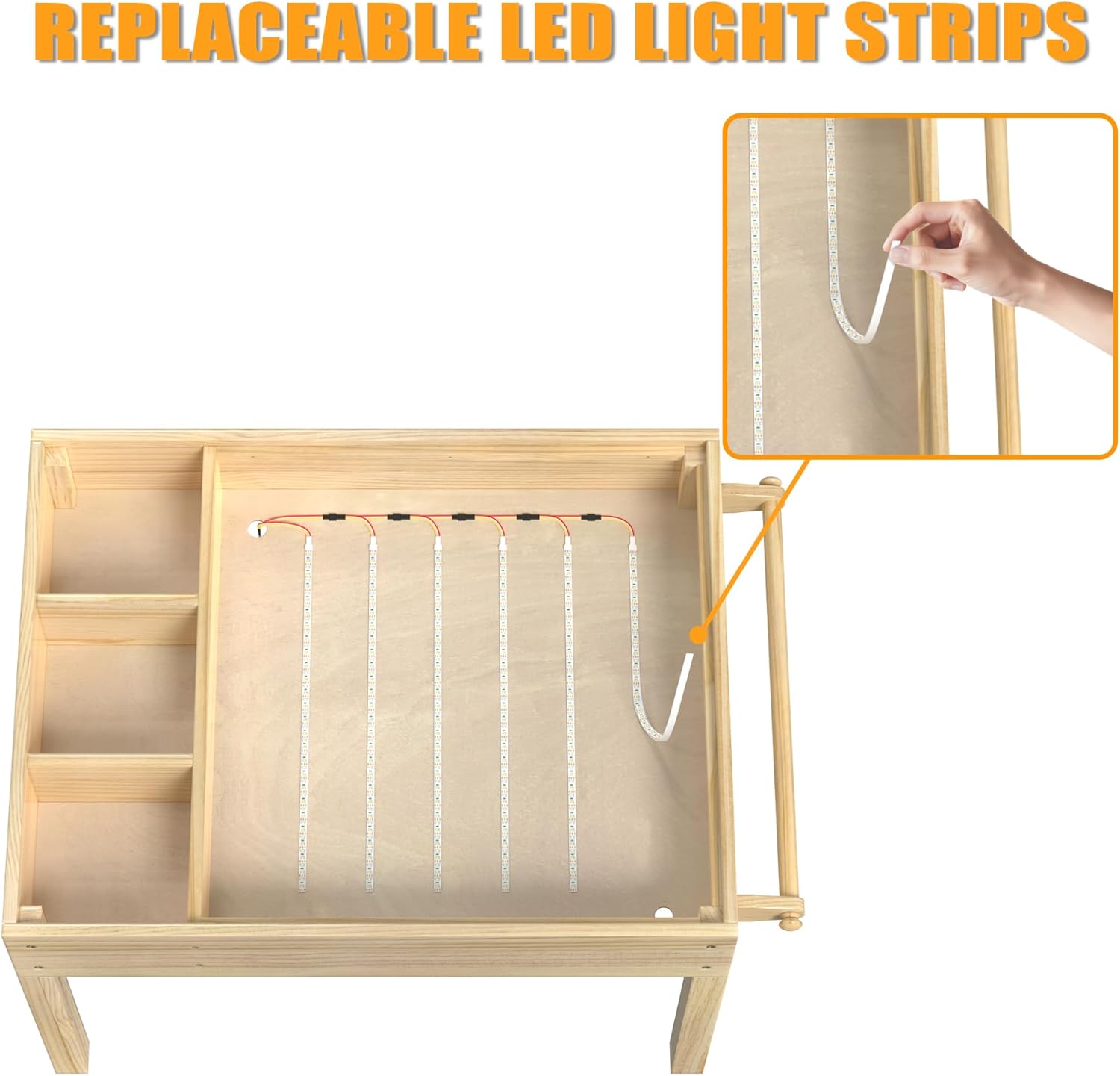 Diagram showing the installation of replaceable LED light strips under the table surface.