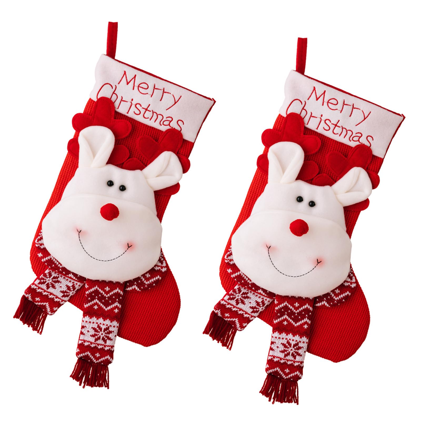 Buxuaaaa Big Head Elk 2Pcs Christmas Stocking Set Soft Fabric Tree Adornment Knitted Kids Present Bag Santa/Snowman/Deer Christmas Socks Indoor Decoration