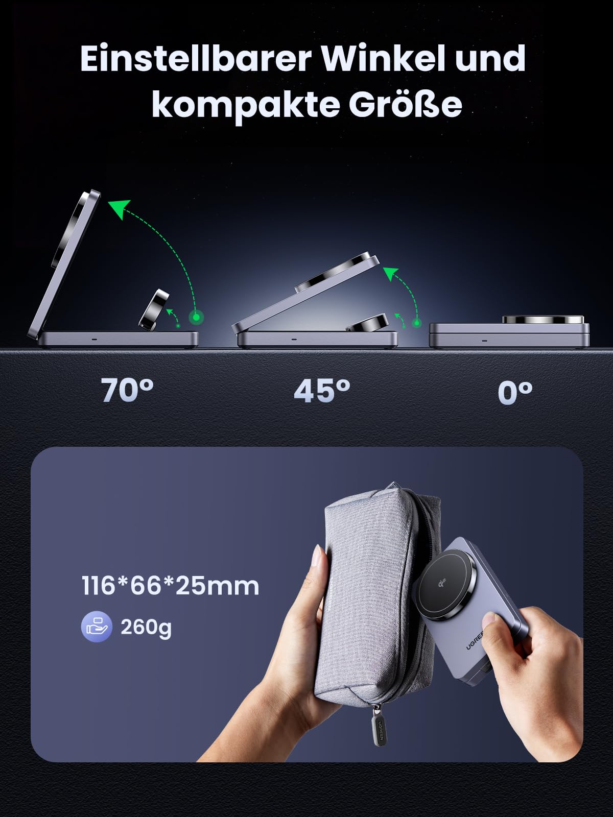 UGREEN MagFlow Qi2 15W 3-in-1 Faltbare Ladestation mit Magsafe | zertifiziert, kompatibel mit iPhone 17-12, AirPods, smartwatch, faltbare magnetische Ständer mit 30W Ladegerät und Kabel
