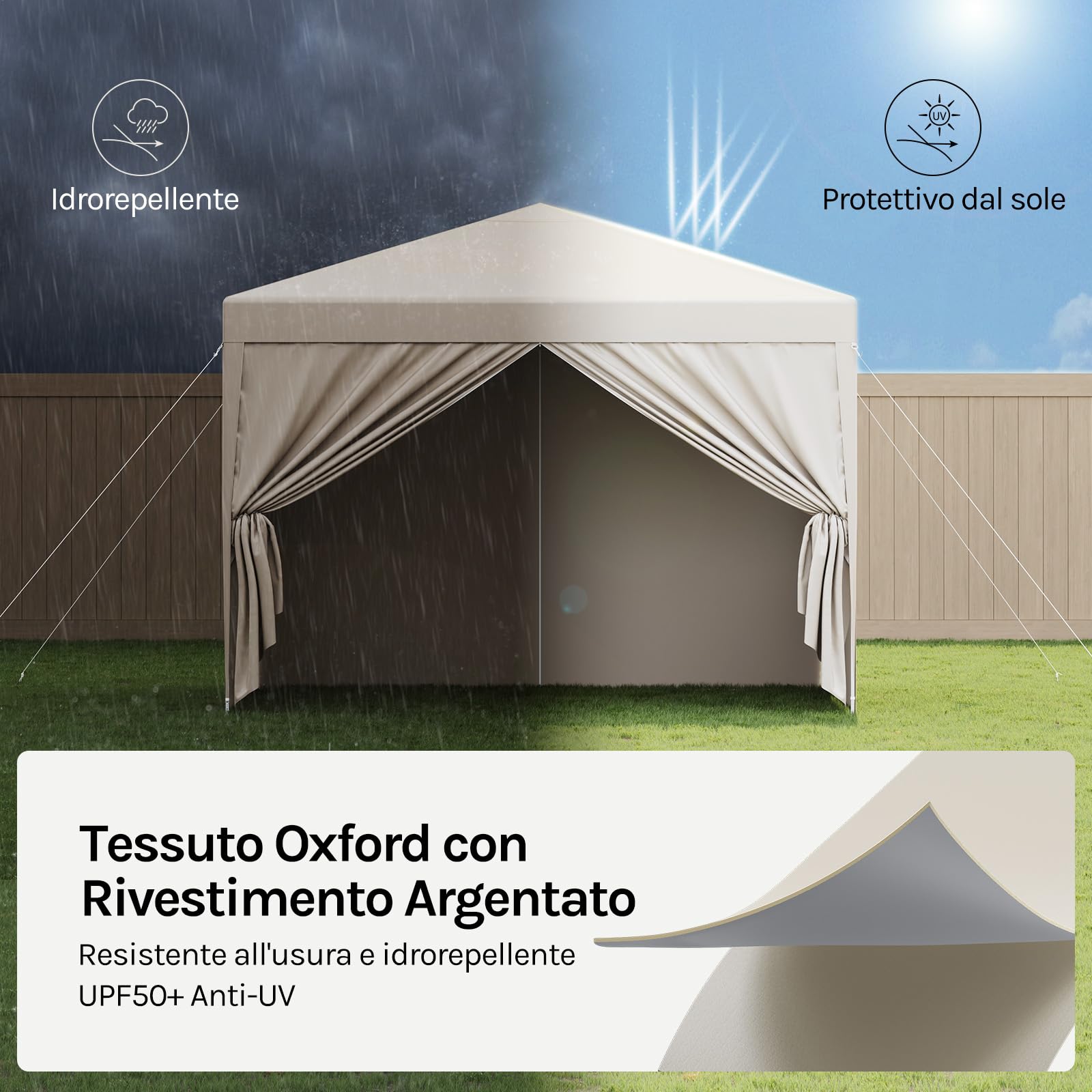 WOLTU Gazebo da Giardino Richiudibile 3x3m Gazebo da Esterno Ferro Regolabile in Altezza Tendone Pieghevole con Telo Impermeabile, Protezione Solare, Facile Montare Beige
