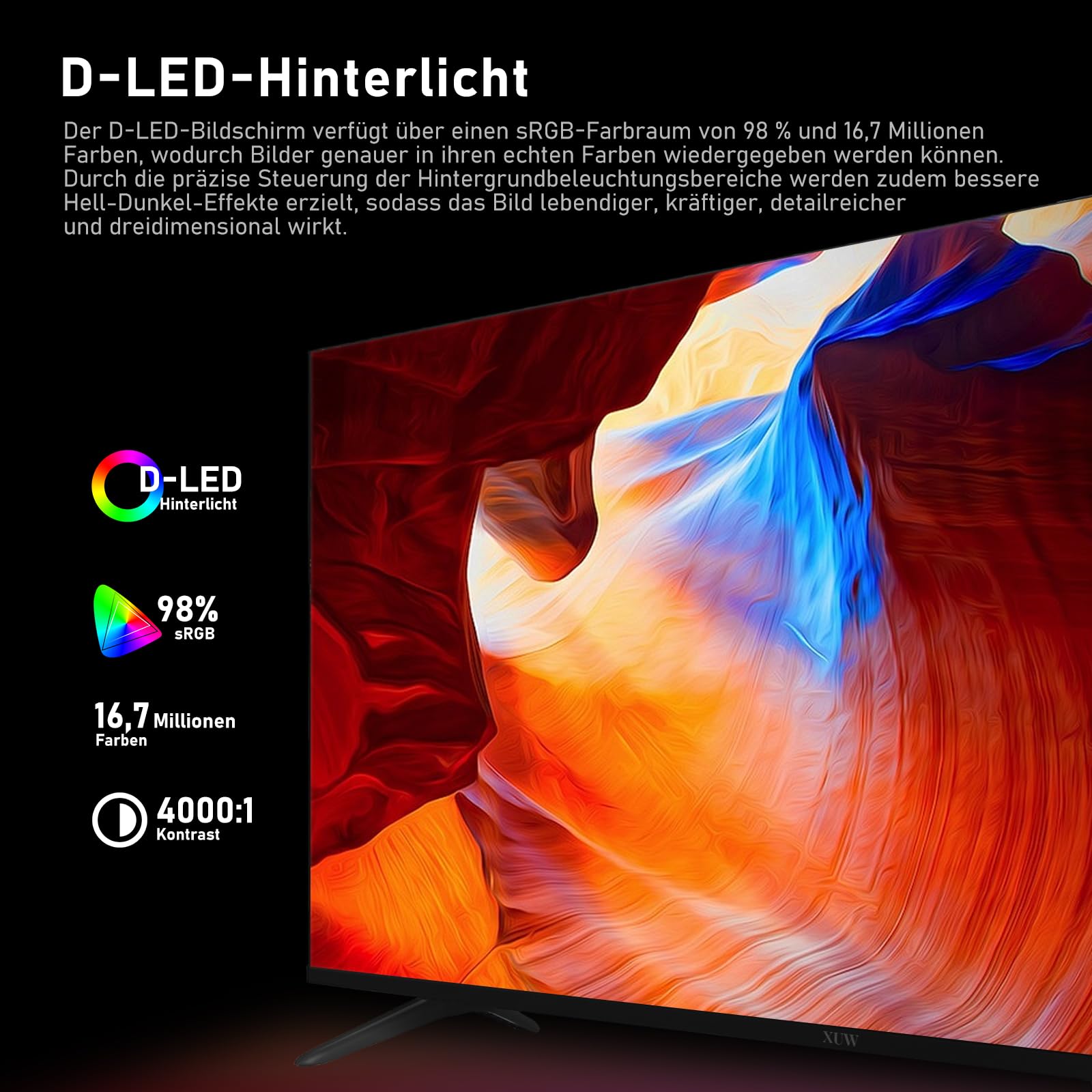 43-Zoll Full HD Smart TV, D-LED-Hintergrundbeleuchtung Fernseher, randloses Design, HDMI, USB, DVB-T2/S2, RJ45-Anschluss, großer Bildschirm für Wohnzimmer, Schlafzimmer, Heimunterhaltung- schwarz