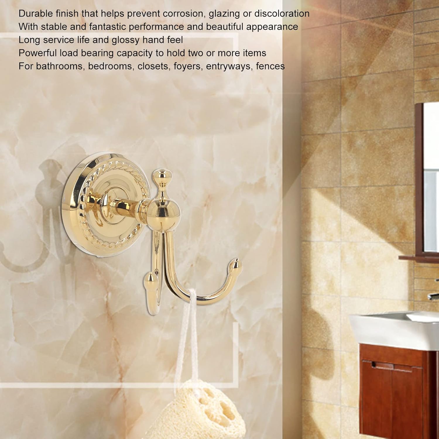 Double Prong Robe Hooks, Antique Gold Wall Mounted Coat Hook with Strong Load Bearing Capacity, Dual Prong Design for Bathroom Bedroom Entryway