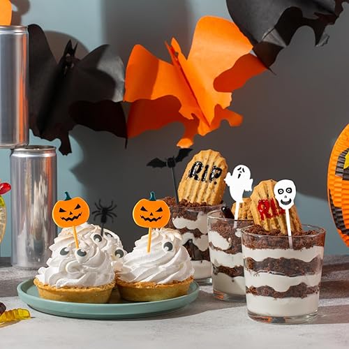 Miniatura 6 de GlyinnHe 50 piezas de palillos de Halloween para cupcakes, palillos de dientes de plástico para cupcakes, alimentos, cócteles, aperitivos,