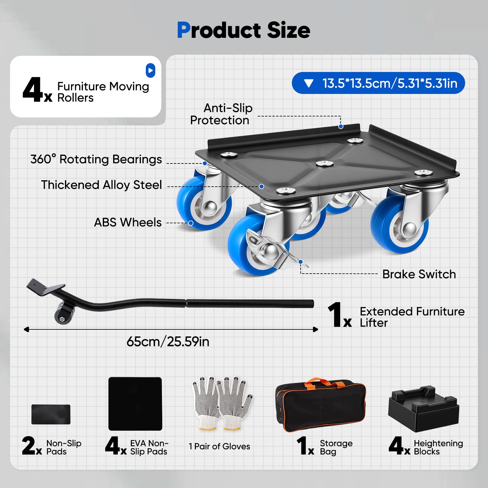 Kit Demenagement 4 Roulette Charge Lourde 1000kg pour Meuble, Déplace Meuble Lourd sans Effort, Système 5 Roues Acier avec Freins, Lève Meuble 65cm, Chariot Demenagement, Plateau Roulant