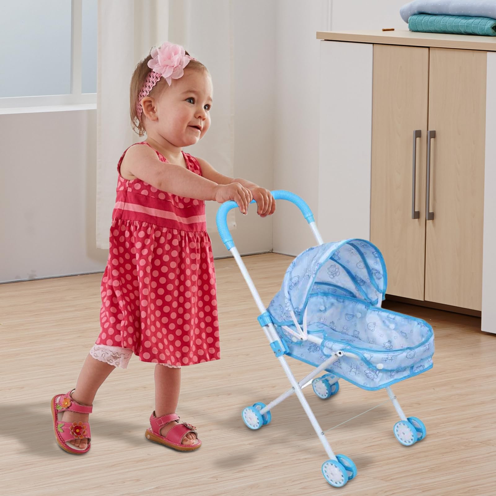 Passeggino per bambole per bambini – Passeggino pieghevole di ruolo, leggero, carrello giocattolo con scorrevole, attività interattiva di gioco di ruolo fantasy per bambini, ragazze, casa, R