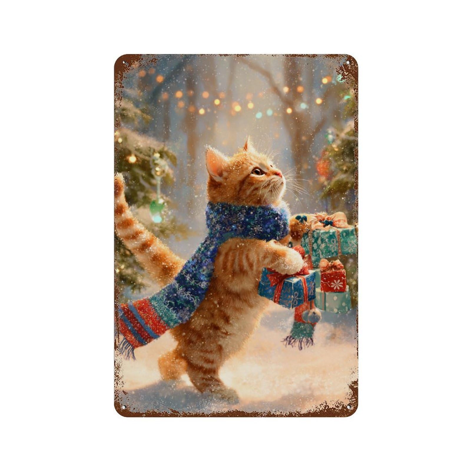 Christmas Cat Gifts Snowscape 11.8"x7.9" Distressed Metal Wall Sign, Shabby Chic Decor for Shed, Workshop And Garage Wall Decor