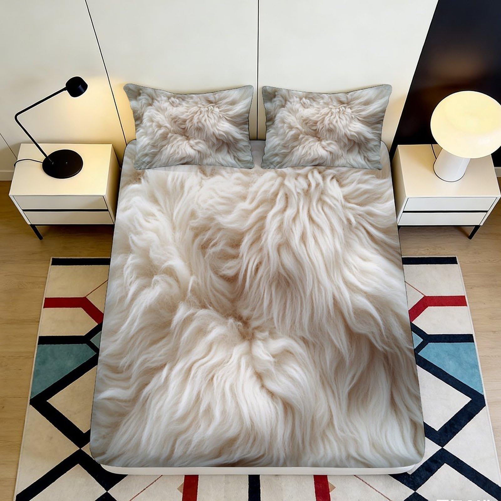 3D Printed Fluffy Beige Fur Fitted Sheet Microfiber Soft Non-Slip Shaggy Texture Mattress Cover Bedroom Decor 90x200x25cm