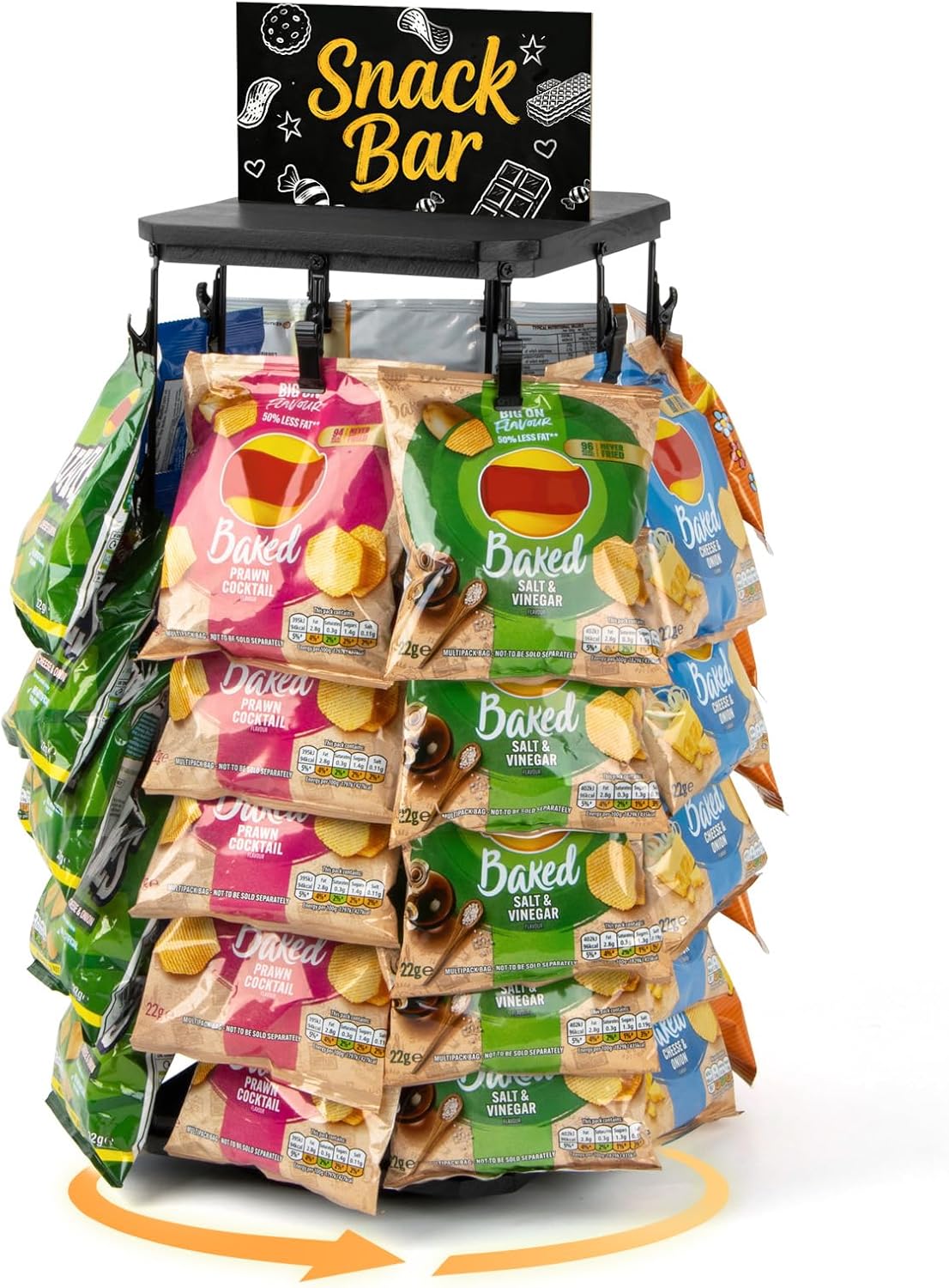 PUERSI Wooden Chip Rack Display Stand, 5 Tiers 40 Clips Rotating Snack Rack for Office Countertop, Snack Organizer Chip Storage Candy Display for Concession, Party, Retail, with Message Board - White