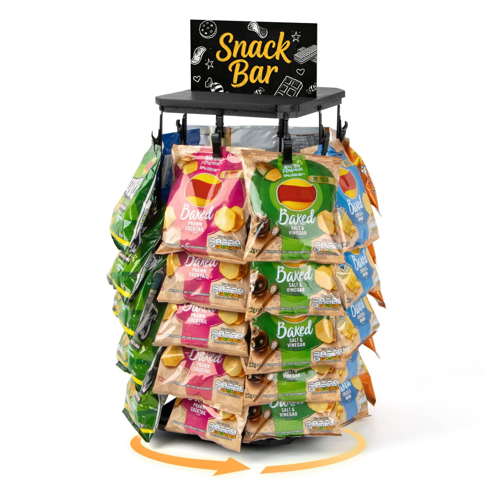 Puersi Black Wooden Chip Rack Display Stand, 5 Tiers 40 Clips Rotating Snack Rack For Office Countertop, Snack Organizer Chip Storage Candy Display For Concession, Party, Retail, With Message Board