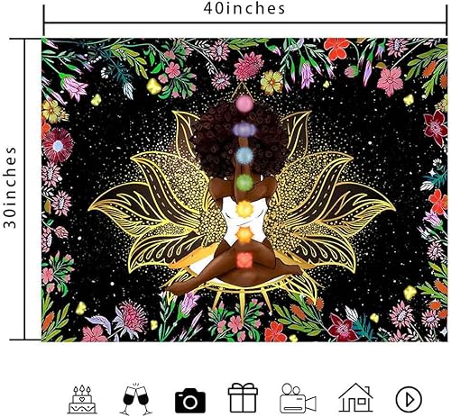 Miniatura 3 de Ine Ive Tapiz de chakra africano, mujer afroamericana, tapiz de meditación zen de 40 x 30 pulgadas, tapiz de jardín con flores de cielo estrellado,
