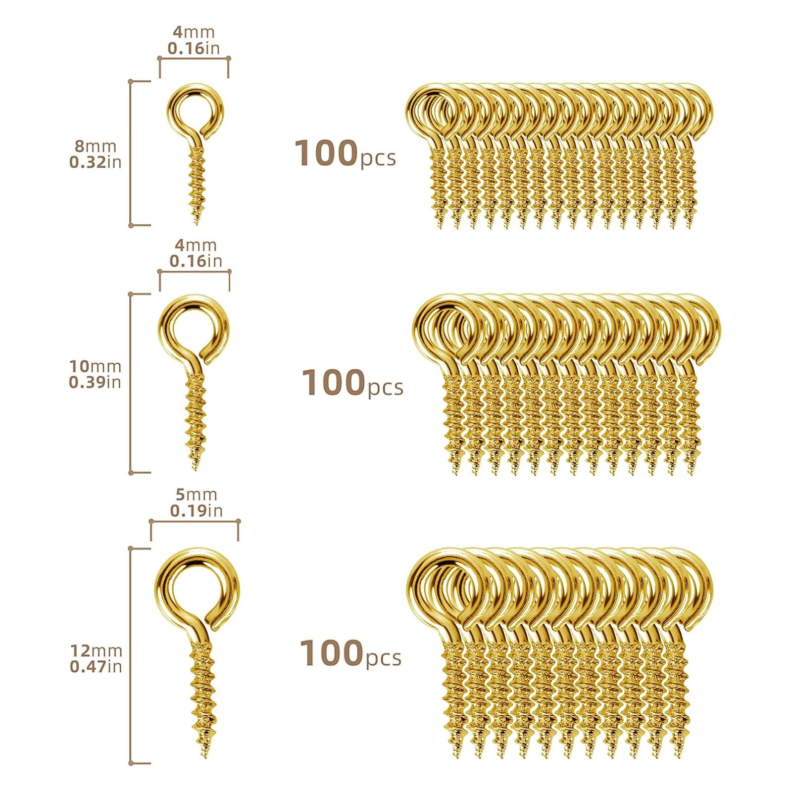 300 tornillos pequeños con ojal, tornillos de ojal con rosca de madera, ganchos de acero inoxidable para fabricación de joyas, manualidades, madera, manualidades, muebles (12, 10 y 8 mm, dorado