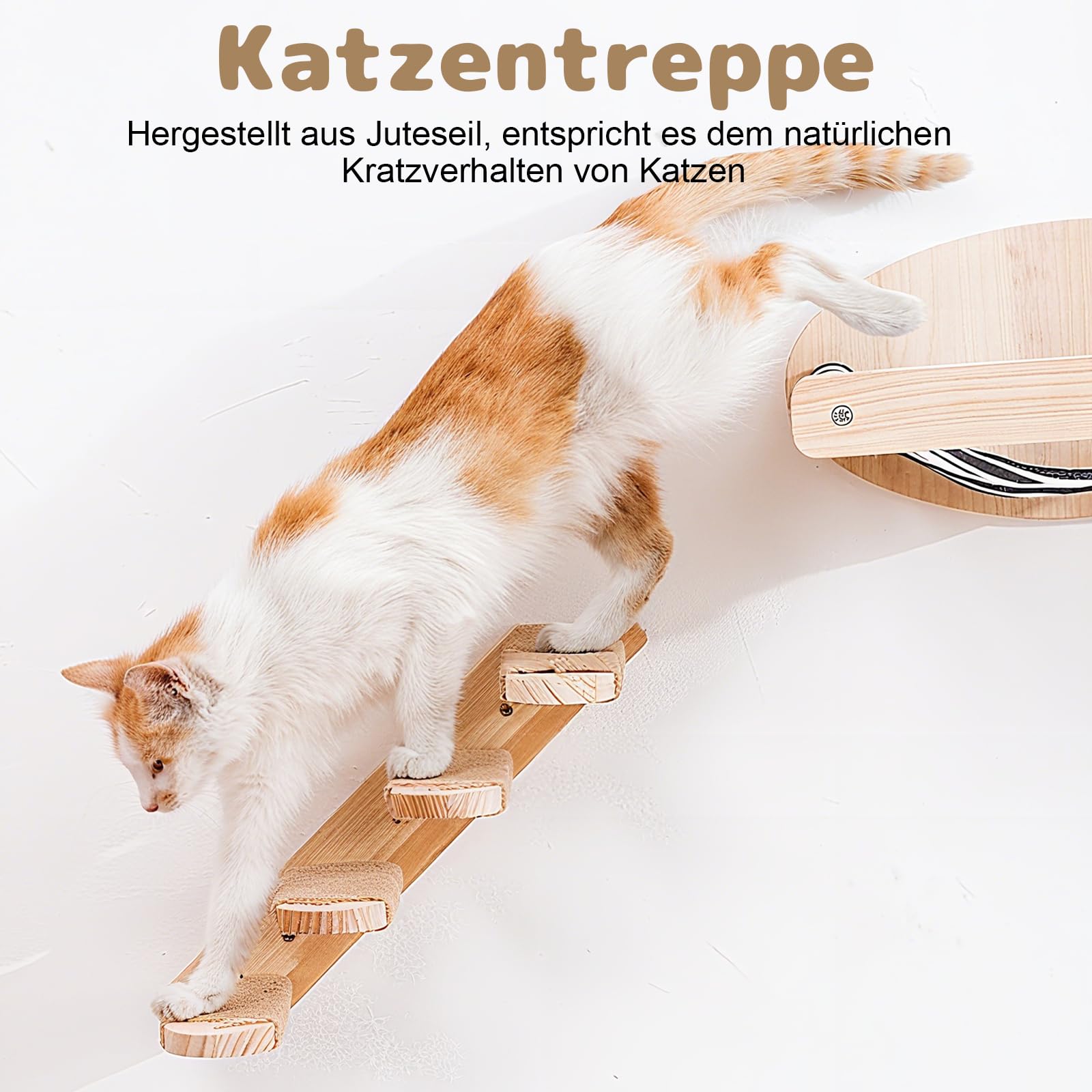 Katzentreppe Wand 4 Stufen Kletterwand für Katzen, DIY Kletterwand Katzen, Katzenleiter Mit Juteseil Wandliege aus Massives Gummiholz für Katze Klettern Spielen, Maximale Tragfähigkeit 15kg