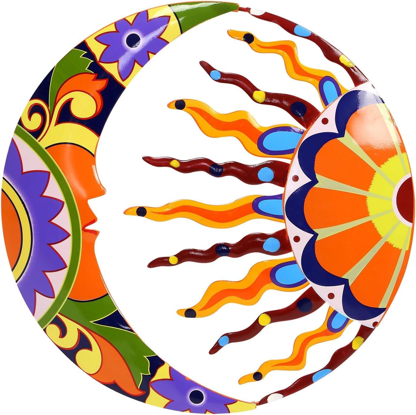 Greenfields Metal Sun and Moon Wall Art Decor -16" Colorful Handcrafted Mexican Talavera Celestial Wall Sculptures - Hanging Artwork for Indoor, Outdoor Living Room, Garden, Patio