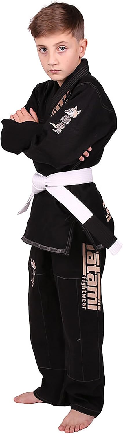 Tatami Fightwear Meerkatsu Kids Animal Jiu Jitsu Gi, 425GSM Jacket, Twill BJJ Pants, and White Belt, Black, M000