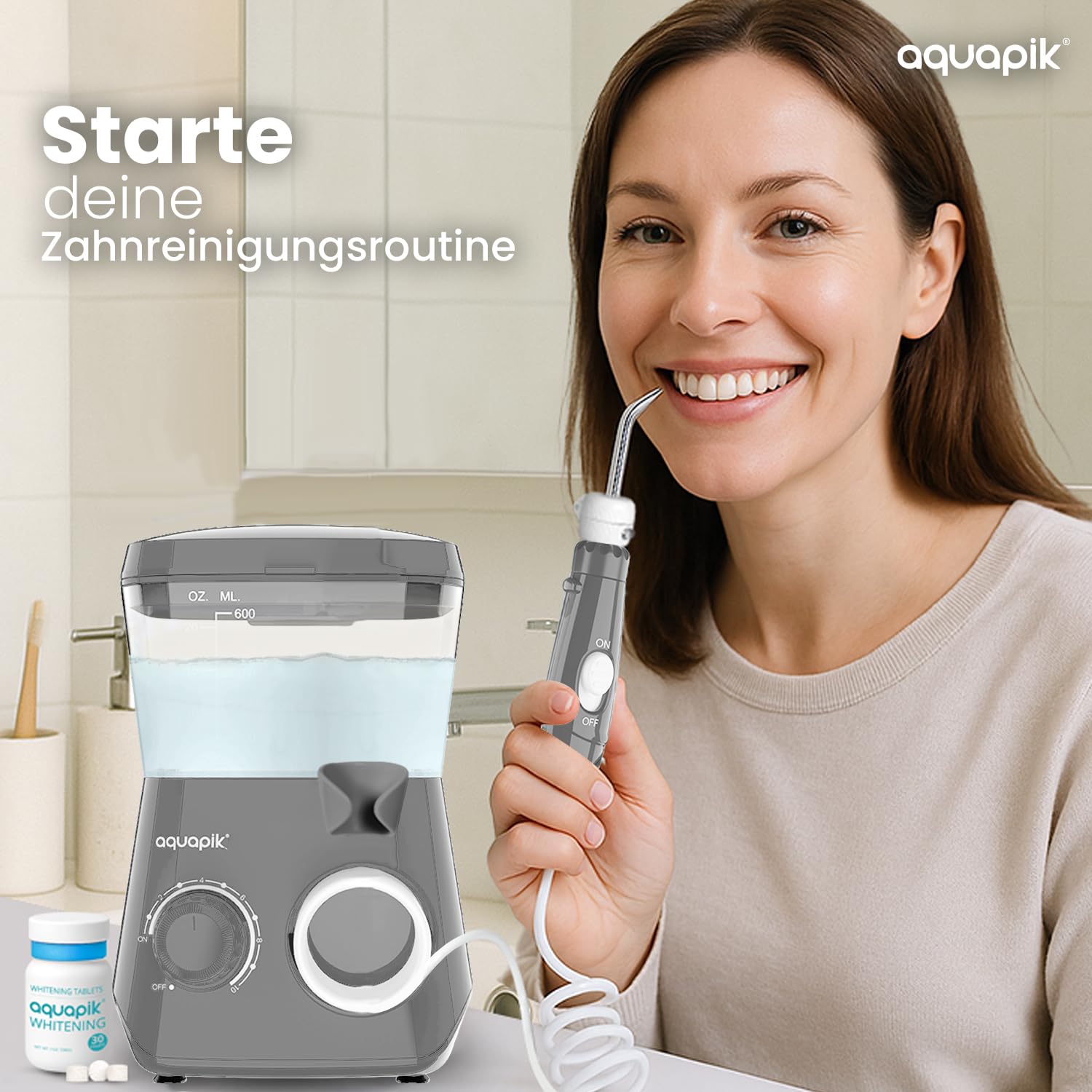 Aquapik® ADVANCED Munddusche | Ideal für Zahnspangen, Implantate und empfindliches Zahnfleisch | Aufhellungs-Kit entfernt Flecken | 10 Druckstufen | 10 Düsen | Von Zahnärzten empfohlen.