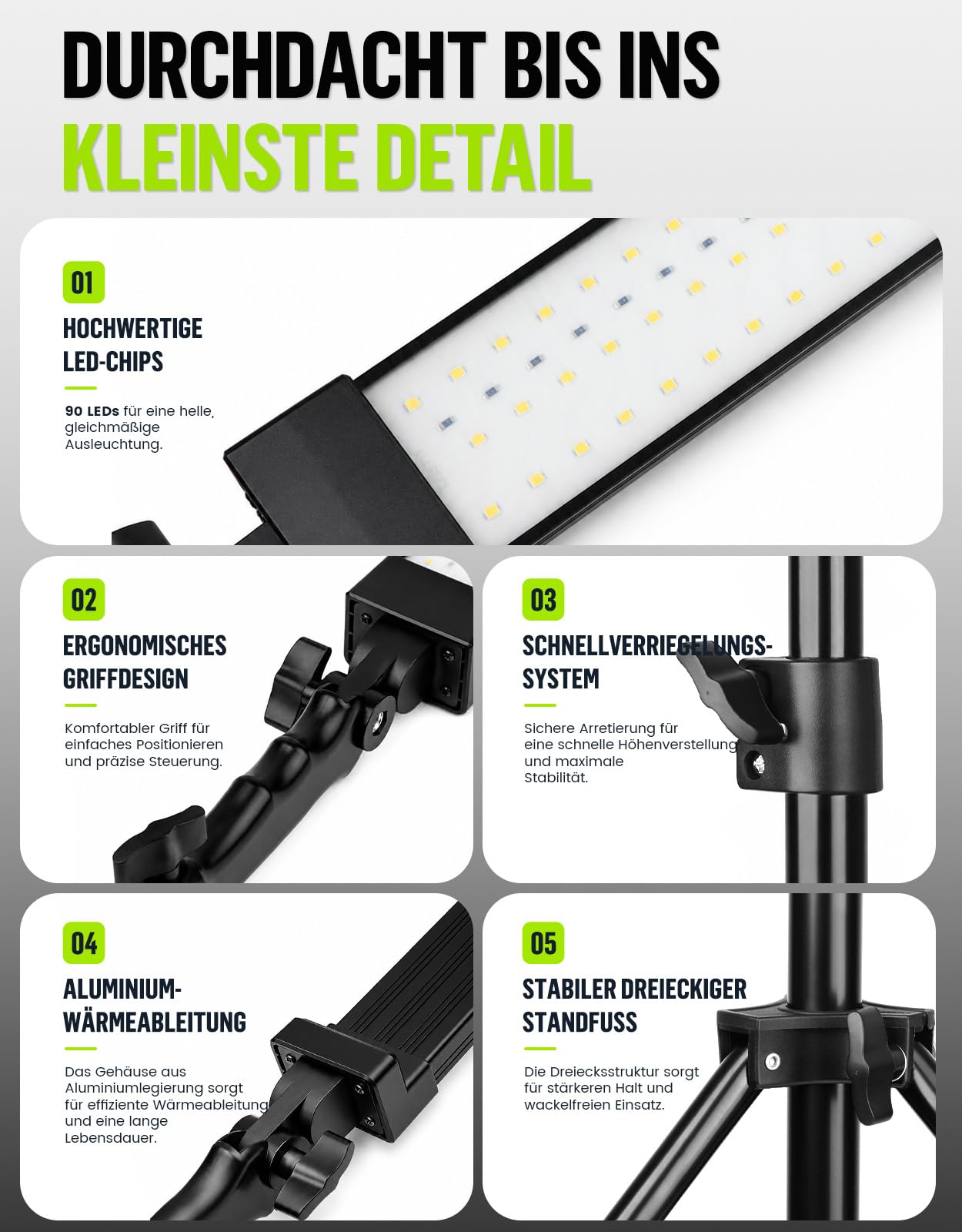 Kit d'éclairage LED pour Photographie - Sac et Tube Souple - Réglable à 180° - Trépied de lumière réglable en Hauteur de 2 m - pour beauté, Sourcils, Maquillage, Portraits et Produits