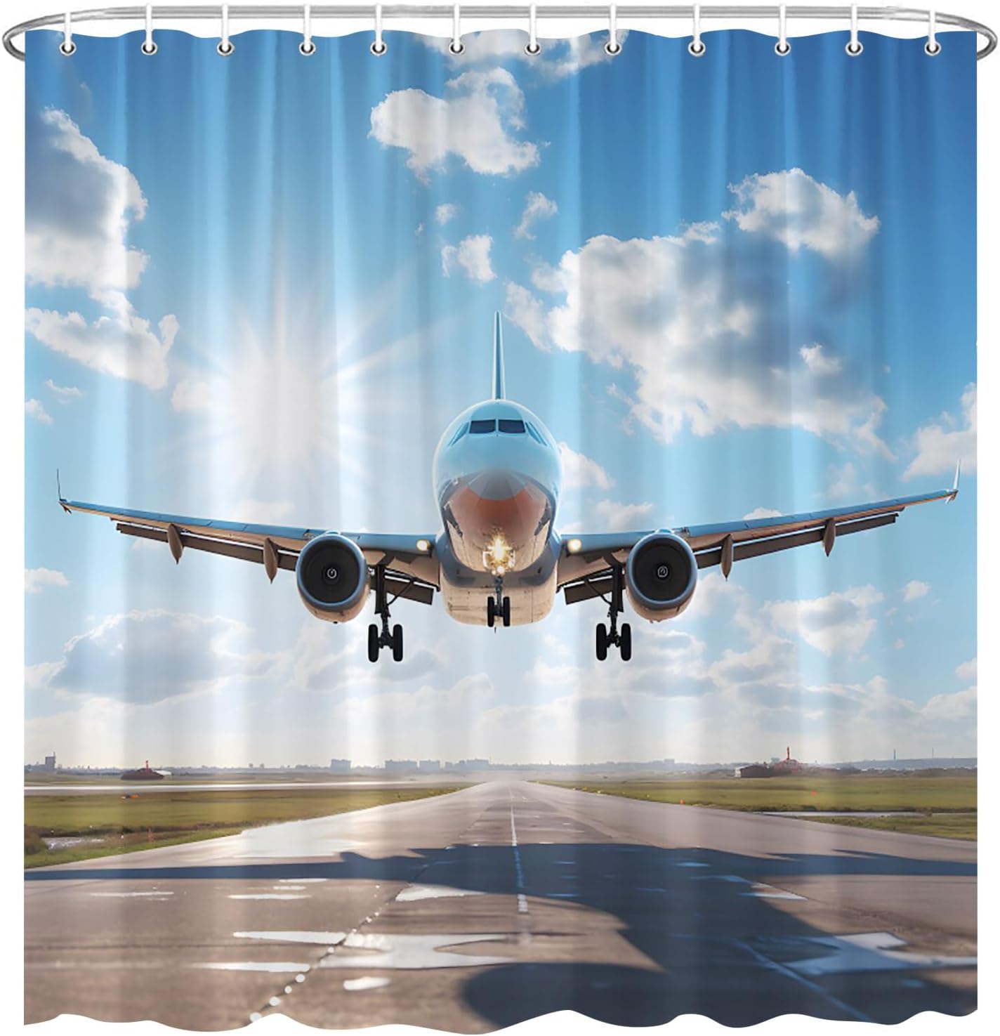 Airplane Shower Curtain Airport Plane Flying Air Force Runway American Modern Military Theme Bath Decor Polyester Fabric Curtains with Hook 80X70 Inch