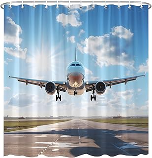 Airplane Shower Curtain Airport Plane Flying Air Force Runway American Modern Military Theme Bath Decor Polyester Fabric Curtains with Hook 70X70 Inch