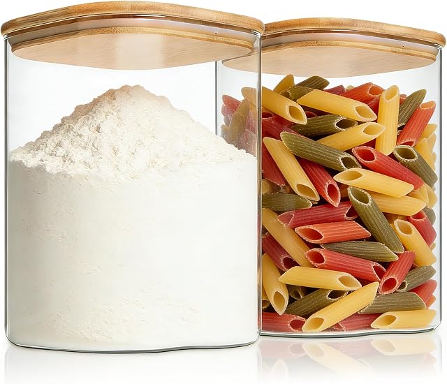 KEYWING 115oz Contenants de stockage de produits alimentaires en verre avec du bambou, 2 Pack Grand carré en verre hermétique pour la farine, le sucre, les céréales, le riz, les pâtes & Haricots de café
