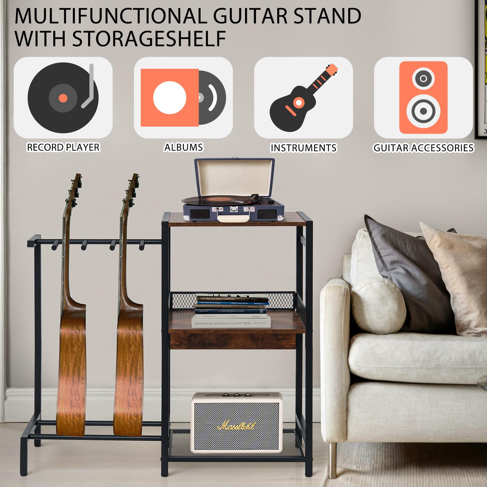 Supporto per chitarra, supporto per chitarre multiple fino a 3, supporto per giradischi in vinile a 3 livelli, rack per acustica, basso, ukulele, amplificatore, supporto per giradischi per
