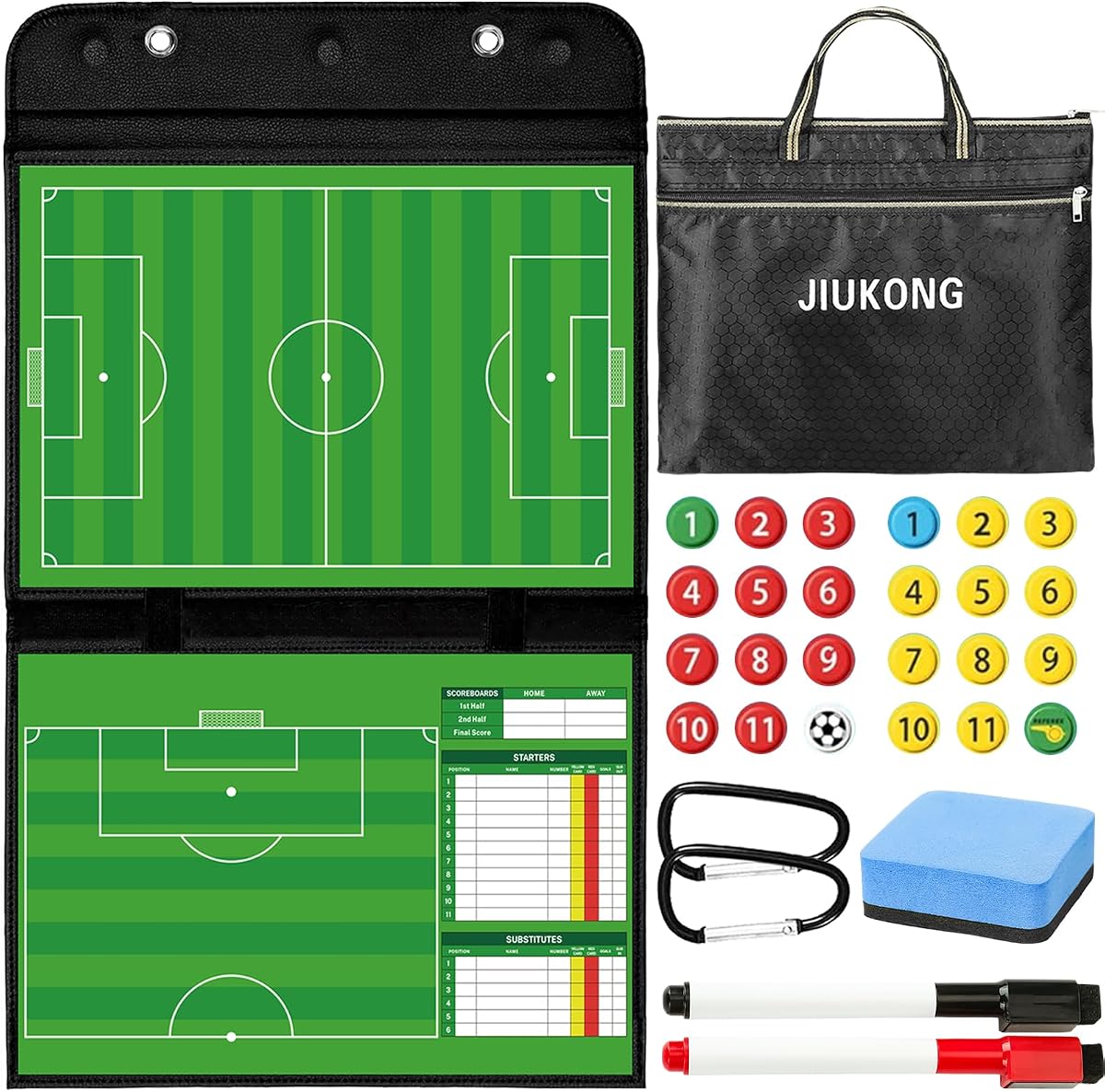 Magnetic Soccer Coaching Board with Carry Bag, Dual-Sided Tactical Dry Erase Board for Coaches - Complete Kit with 24 Magnets, Markers & Fence Clips - Portable Football Strategy Board