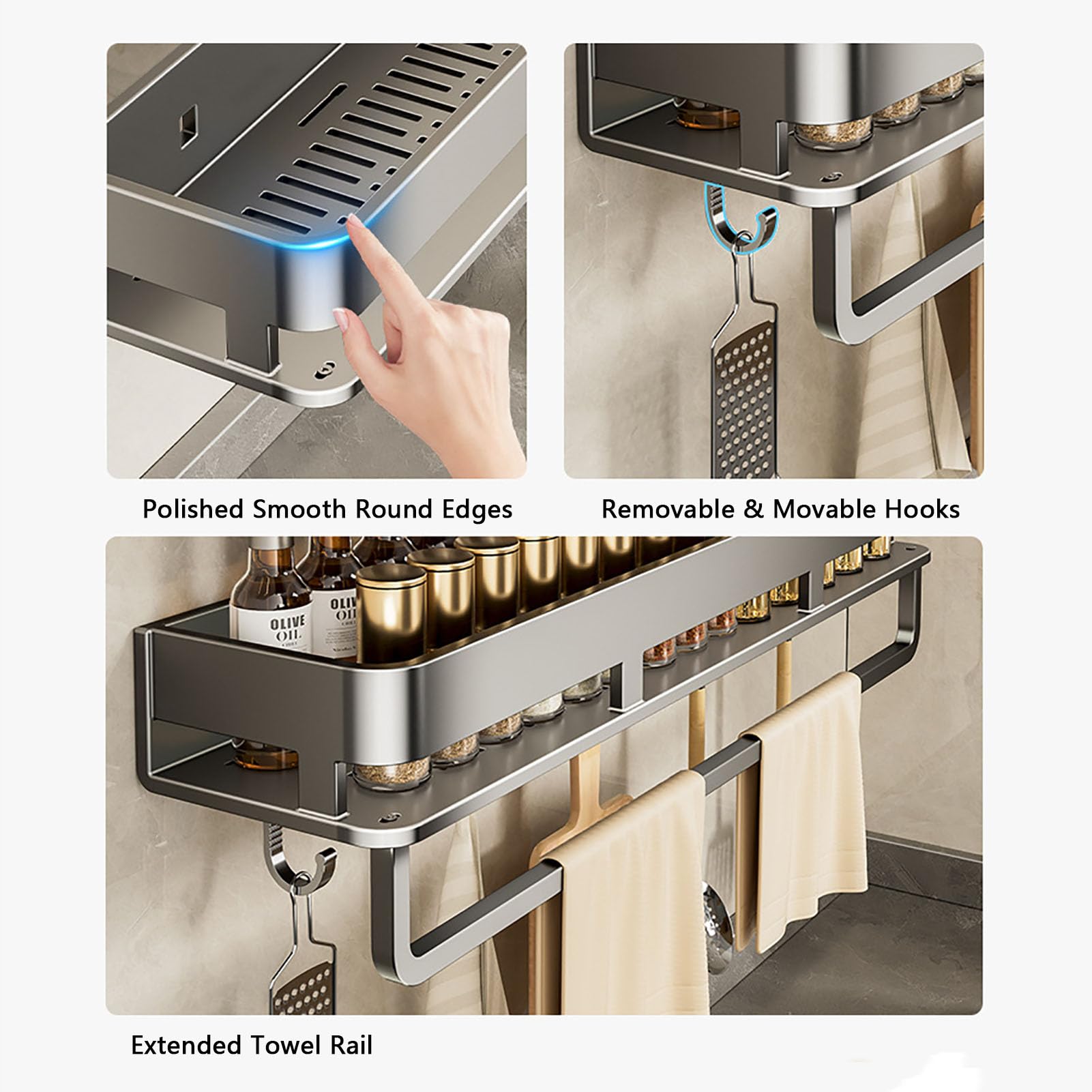 Organizador de Especias 2 Piezas con Base de Malla - Estante para Pared Sin Taladrar para Accesorios de Cocina, Armario o Baño Metal Resistente al Óxido,Blanca,50cm